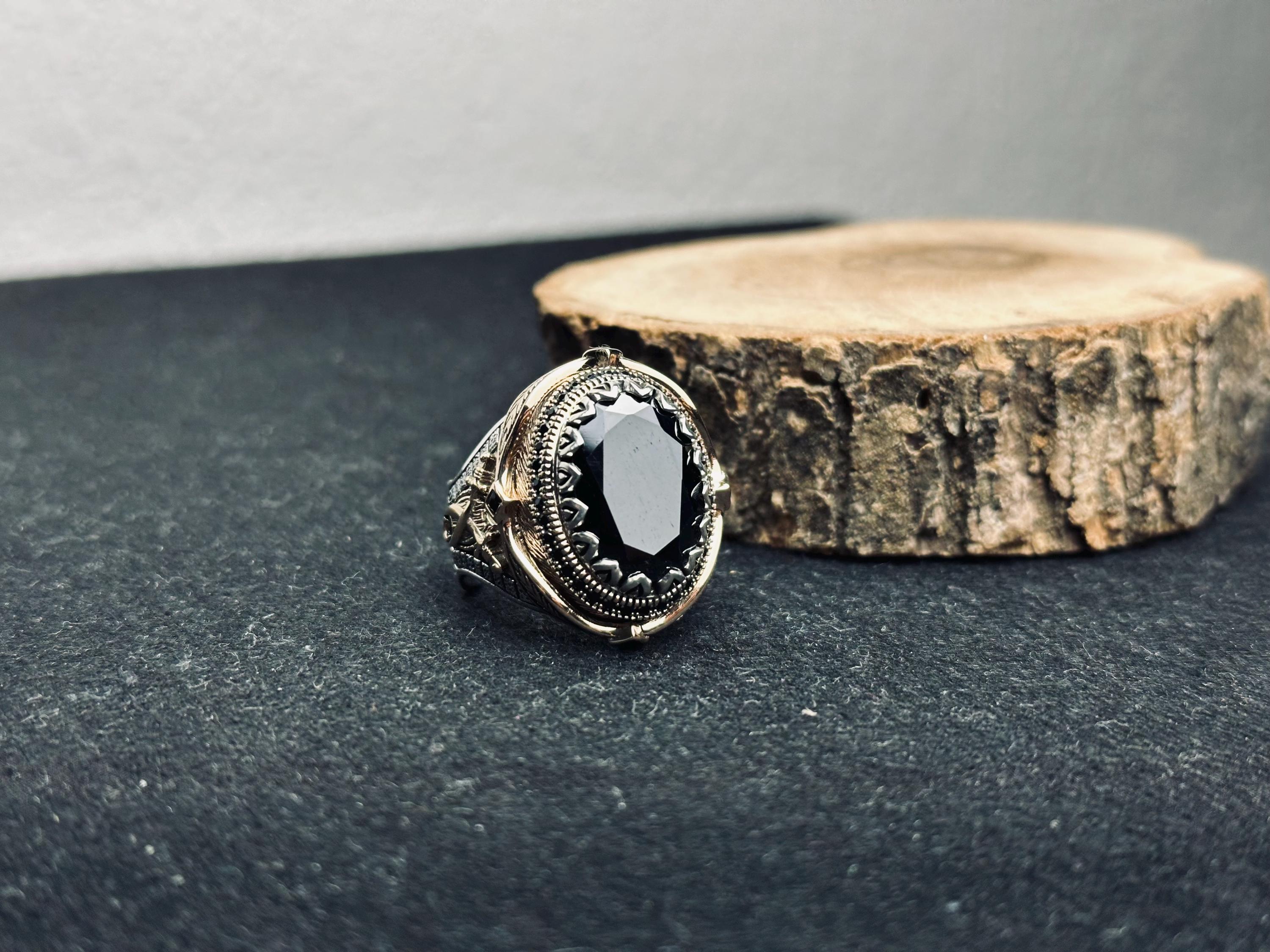 Black Zircon Men’s Ring - Unique Handmade Turkish Silver