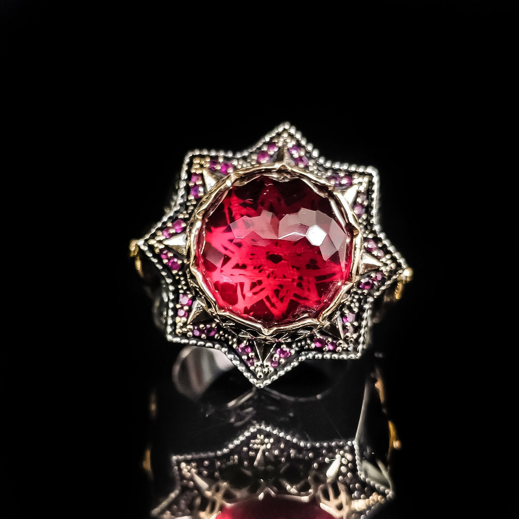 Ottoman Helmet Silver Ring, Red Zircon Accent (Men's Size)