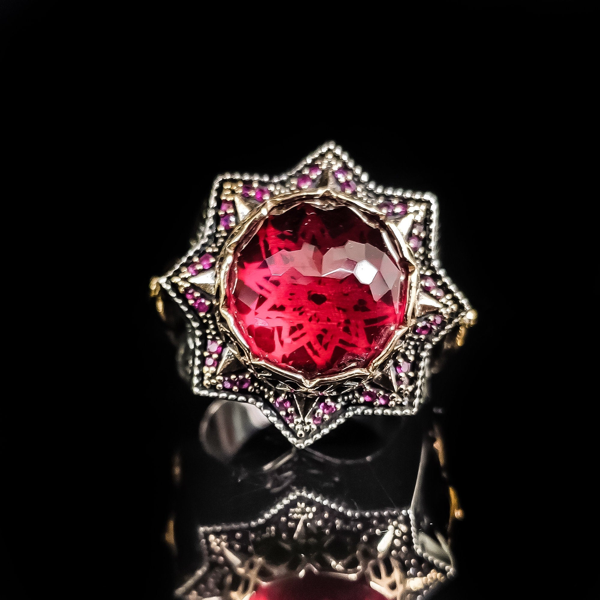 Ottoman Helmet Silver Ring, Red Zircon Accent (Men's Size)