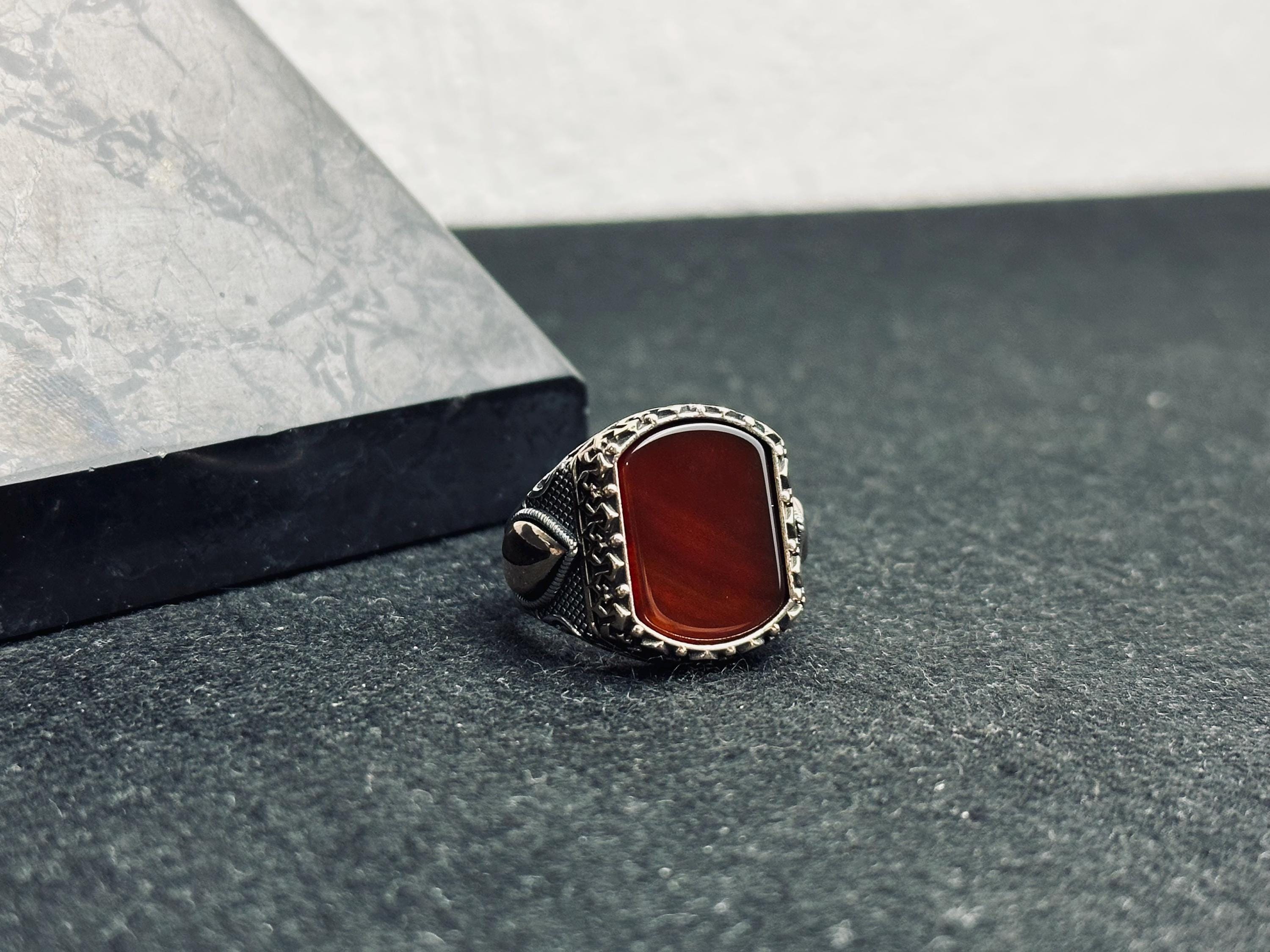 Handmade Men’s Aqeeq Ring: Square Red Stone, Sterling Silver (Artisan Jewelry)