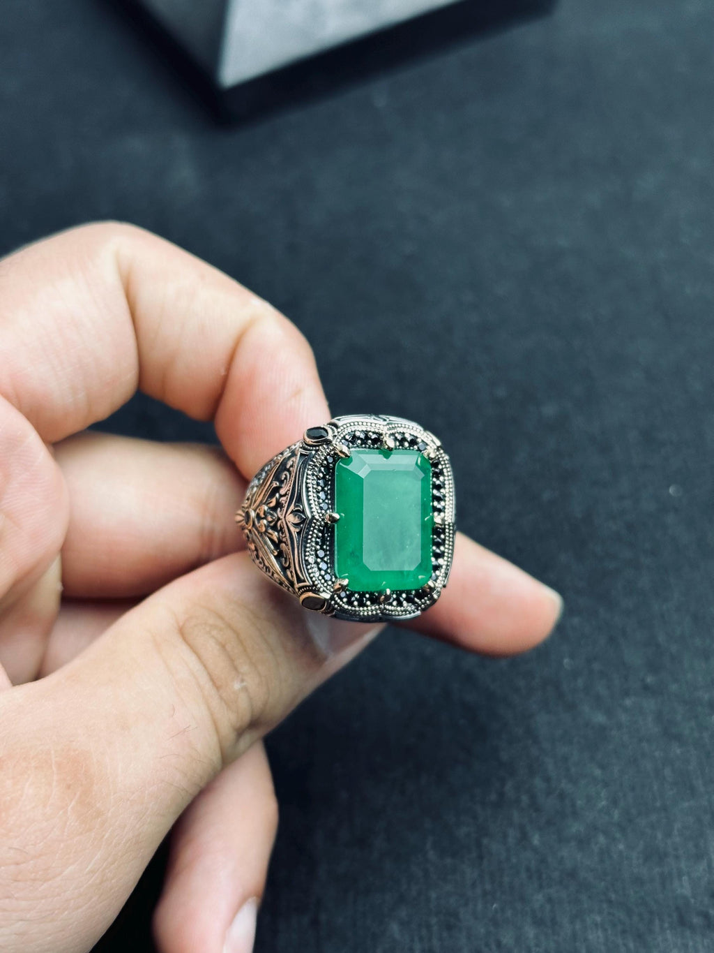 Bold Emerald Silver Ring: Turkish Vintage Design (Men's Size Large)