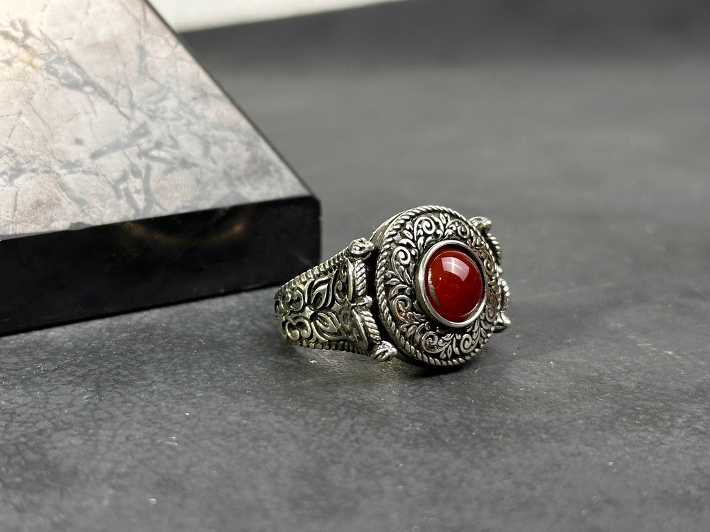 Engraved Sterling Silver Ring: Red Agate Gemstone (Men's Handmade)