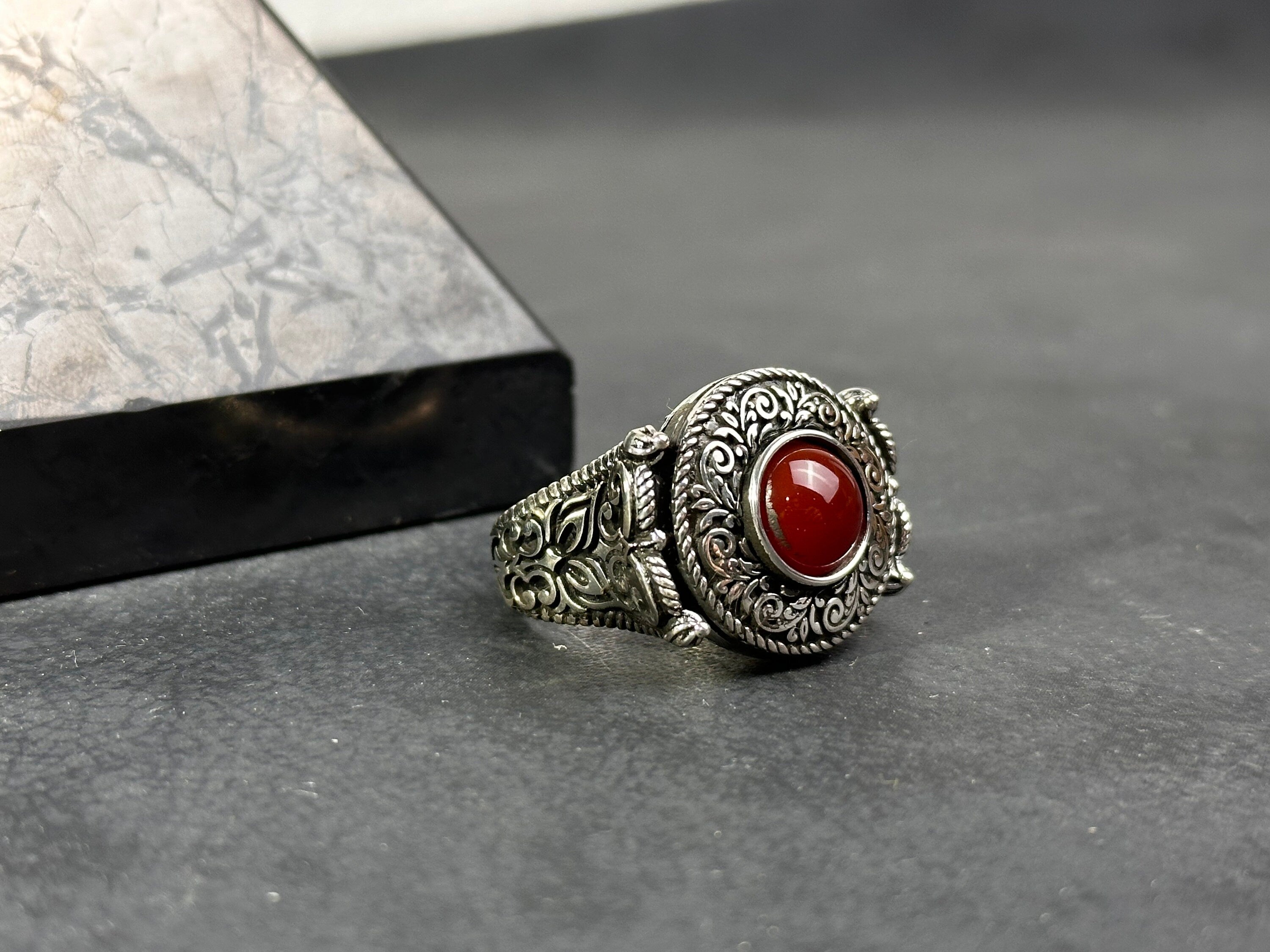 Engraved Sterling Silver Ring: Red Agate Gemstone (Men's Handmade)