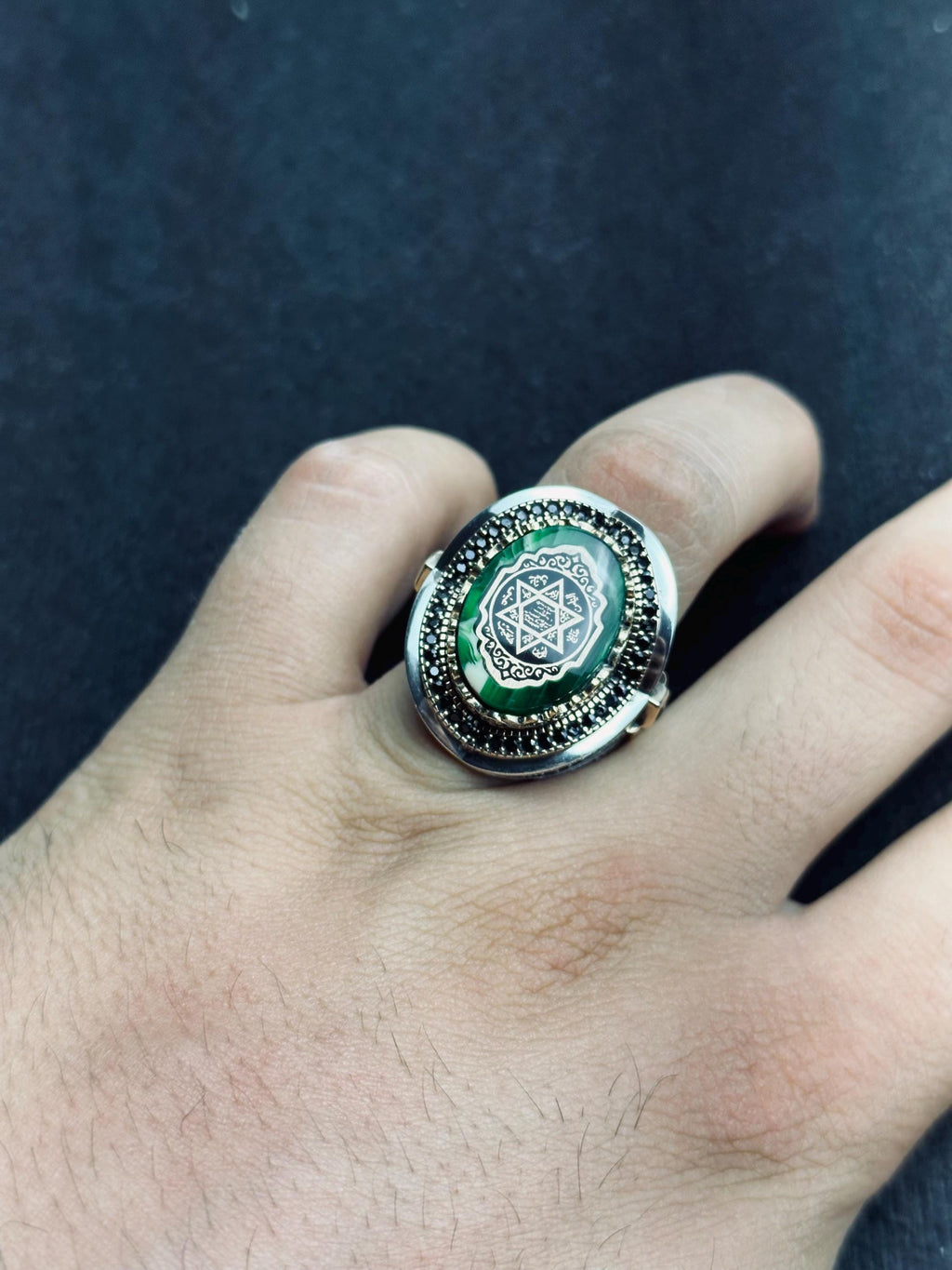 Solomon Seal Ring: Handmade Sterling Silver with Green Amber