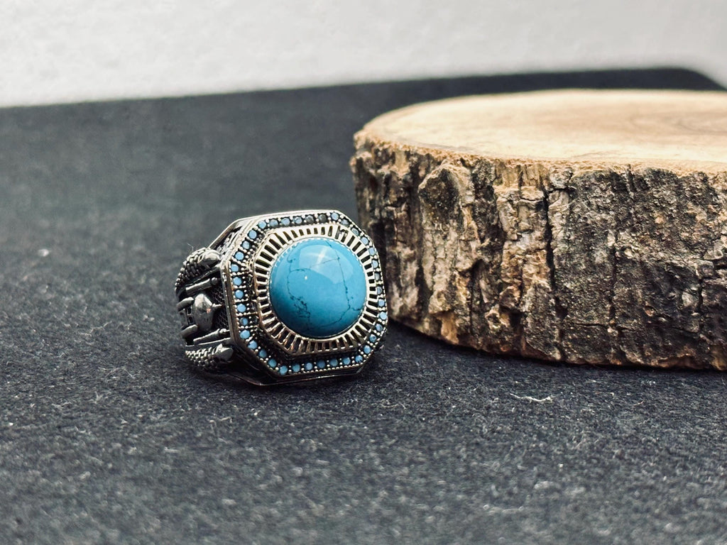 Turquoise Men's Ring: Mosque Engraved Sterling Silver Statement