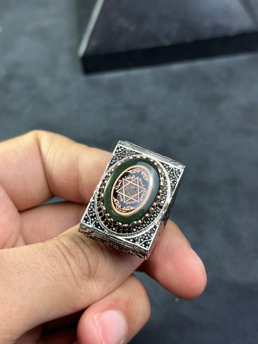 Solomon Seal Ring: Green Amber in Sterling Silver (Handmade Gift Box)
