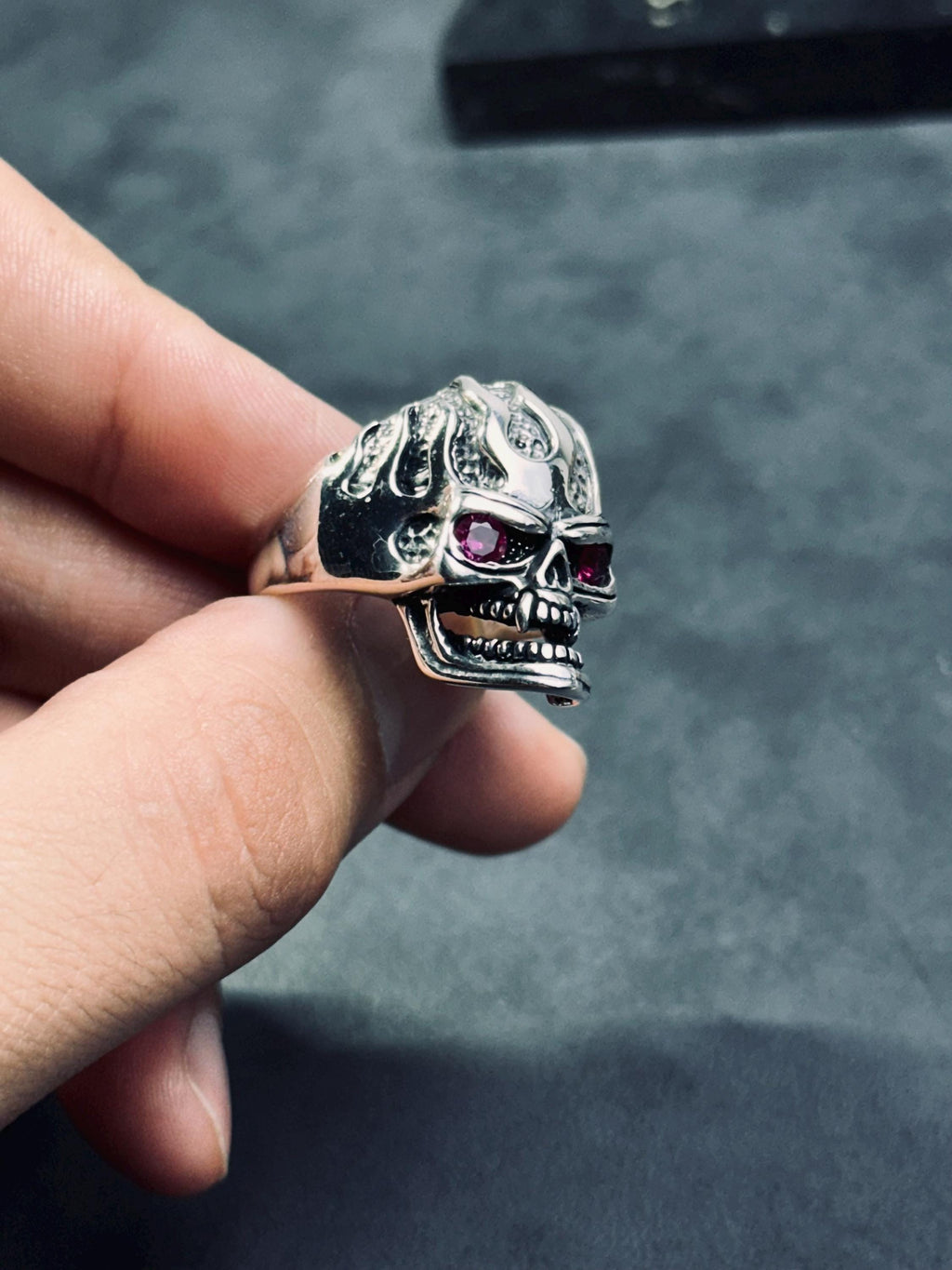 Skull Ring: Gothic Sterling Silver - Cubic Zirconia Accent