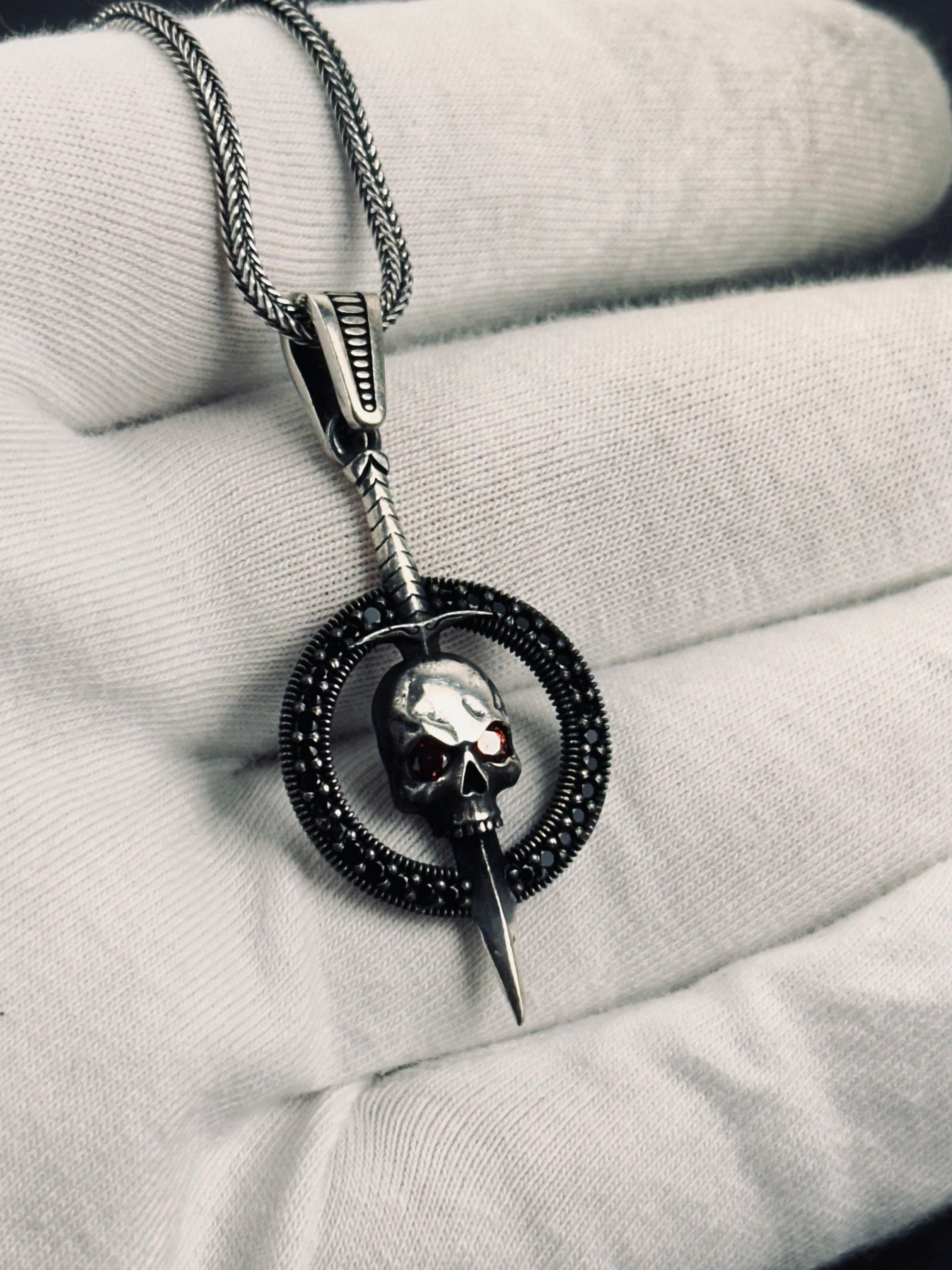 Goth Sterling Silver Skull Necklace, Chunky Chain (Layered Look)