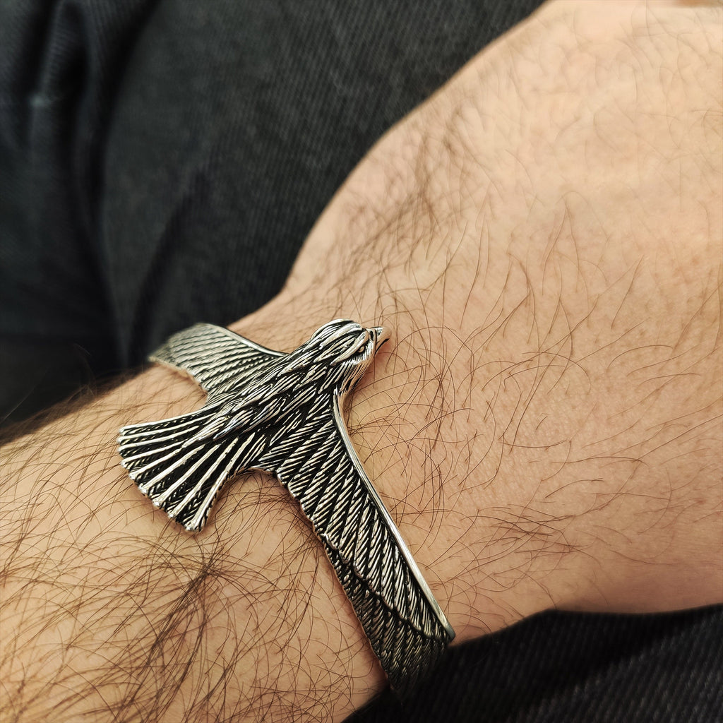 Falcon Sterling Silver Bracelet, Eagle Engraved with Sapphire (Men's Cuff)
