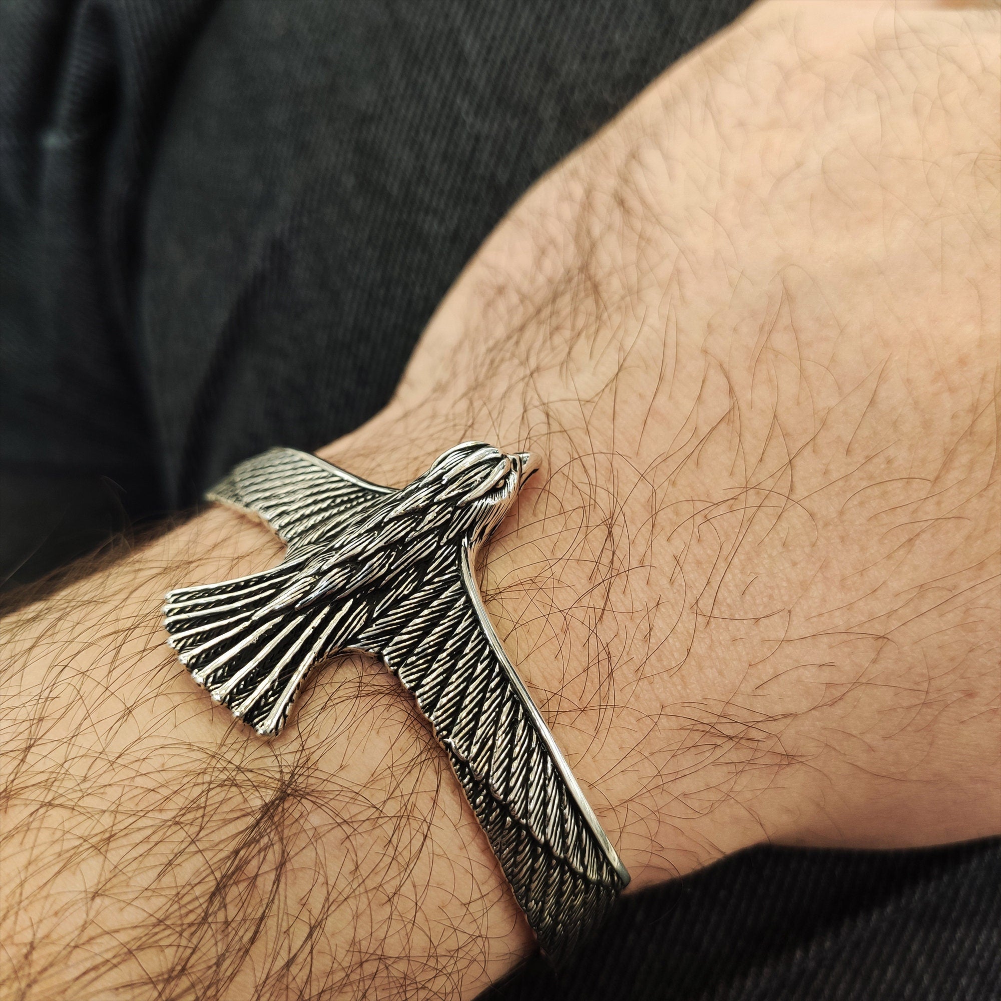 Falcon Sterling Silver Bracelet, Eagle Engraved with Sapphire (Men's Cuff)