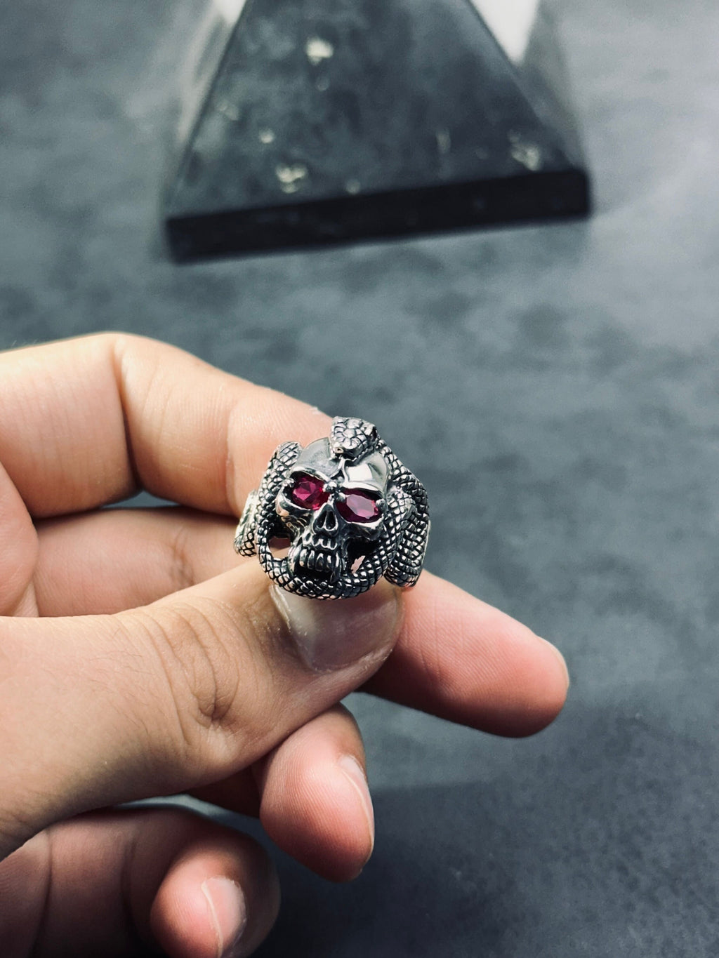 Sterling Silver Skull Snake Ring - Gothic Biker Style Jewelry