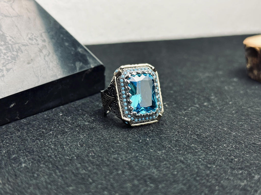 Aquamarine Men's Ring - Handmade Sterling Silver Lion Design