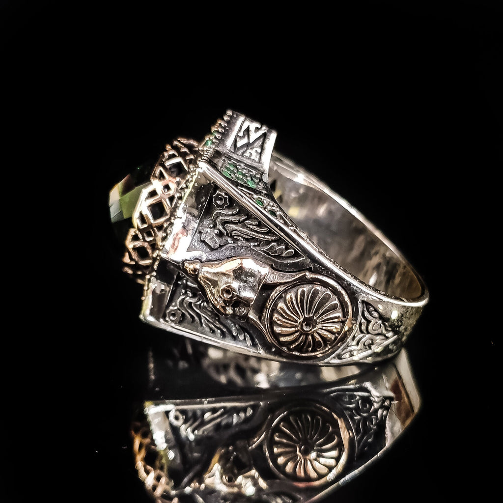 Green Zircon Silver Ring - Ottoman Embroidered Helmet Style