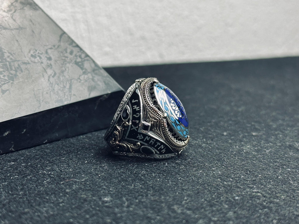 Sterling Silver Blue Stone Ottoman Ring, Islamic Calligraphy Men Ring, Turkish Handmade Jewelry, Ramadan Gift, Statement Signet Ring