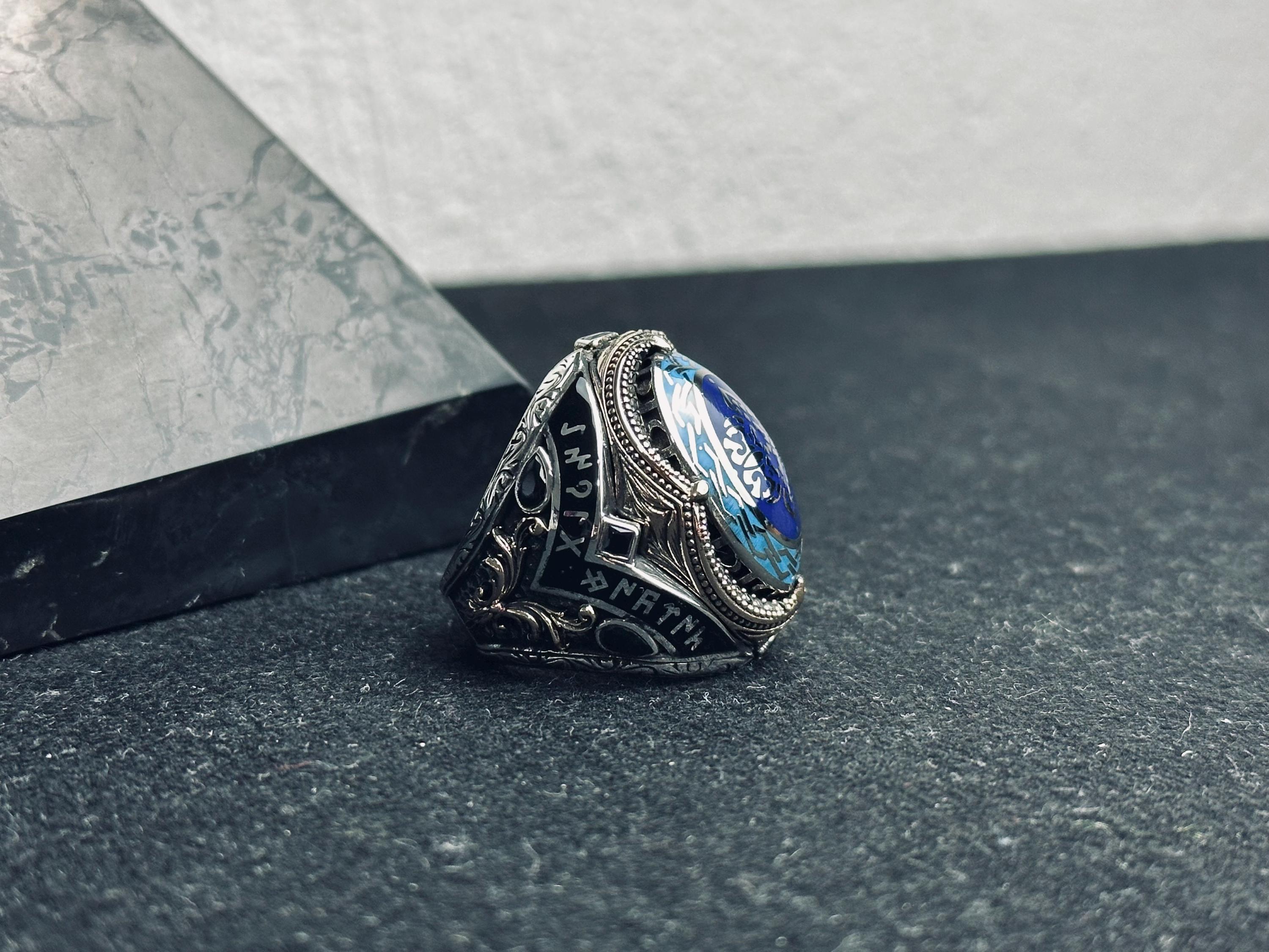 Sterling Silver Blue Stone Ottoman Ring, Islamic Calligraphy Men Ring, Turkish Handmade Jewelry, Ramadan Gift, Statement Signet Ring