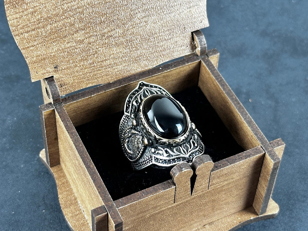 Archer Ring: Sterling Silver with Onyx Stone - Adjustable Statement Piece
