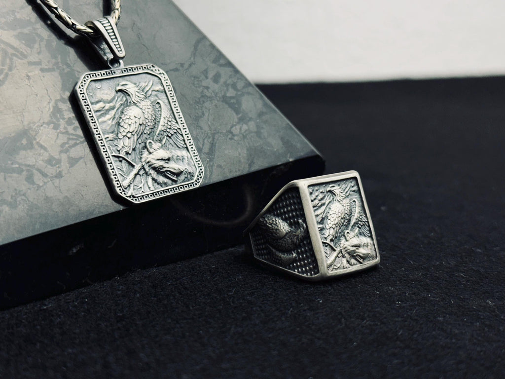 Sterling Silver Eagle Jewelry Set: Handmade Necklace and Ring