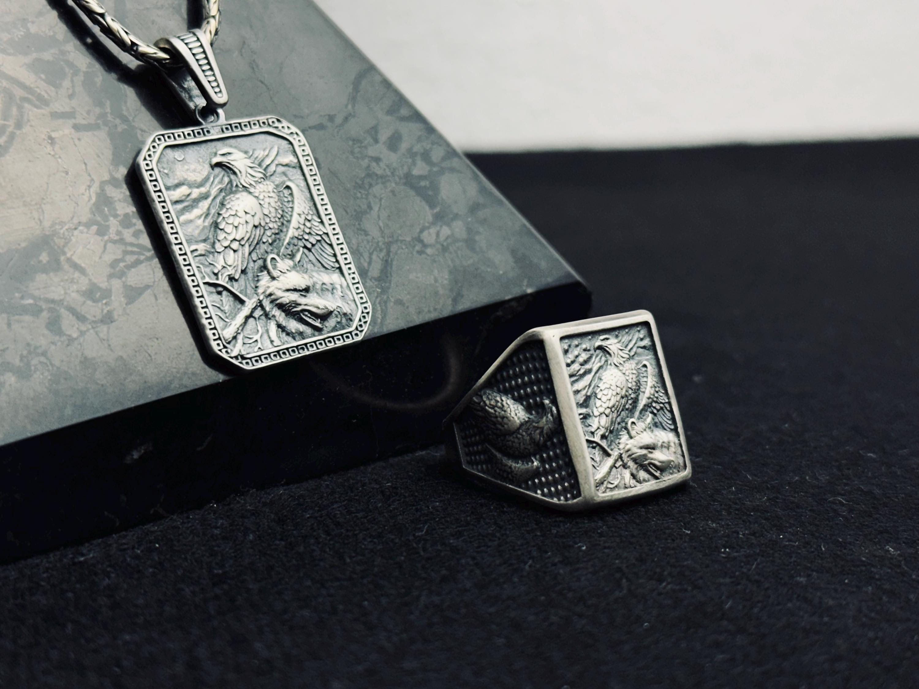 Sterling Silver Eagle Jewelry Set: Handmade Necklace and Ring