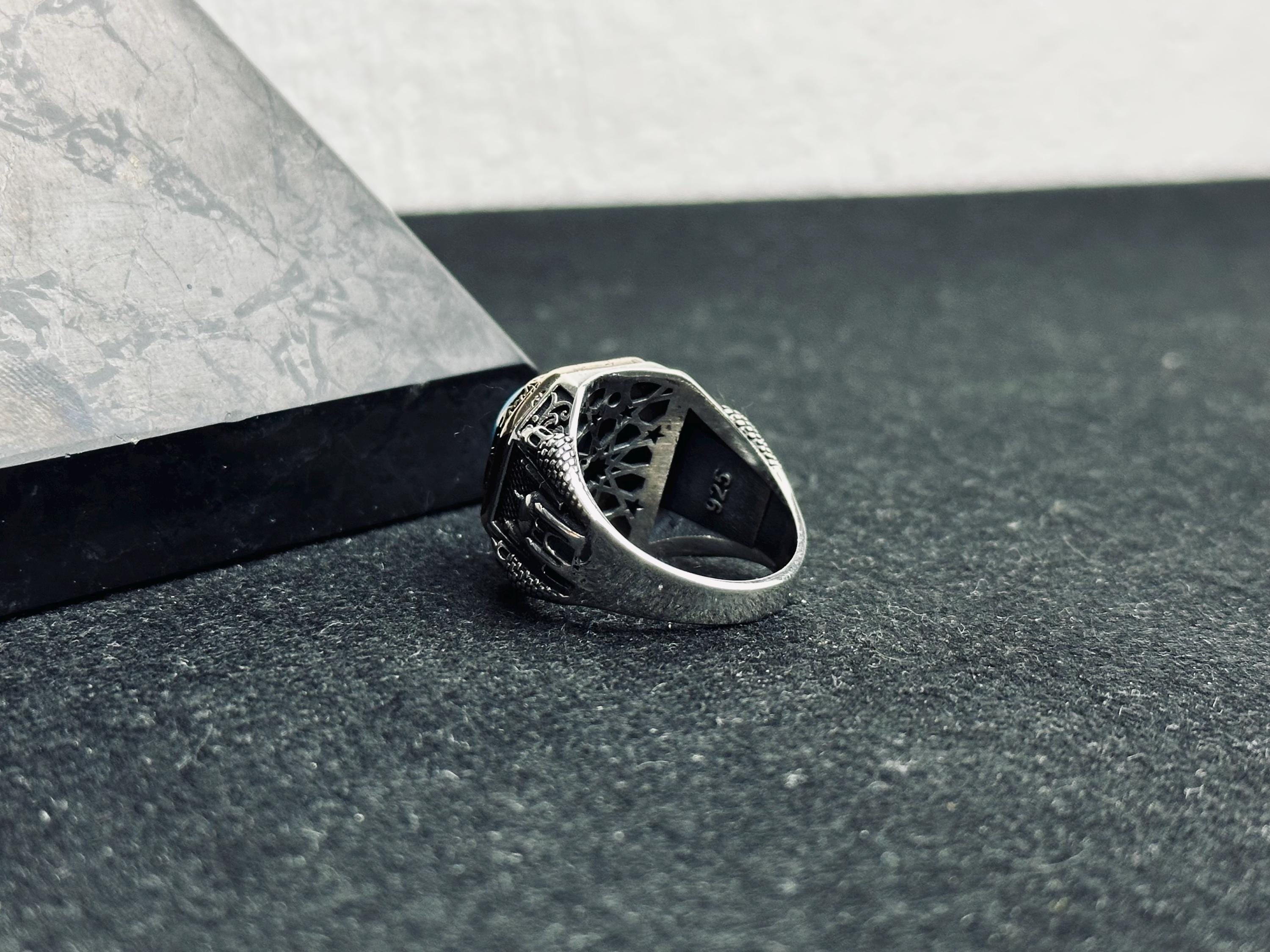 Turquoise Men's Ring: Mosque Engraved Sterling Silver Statement