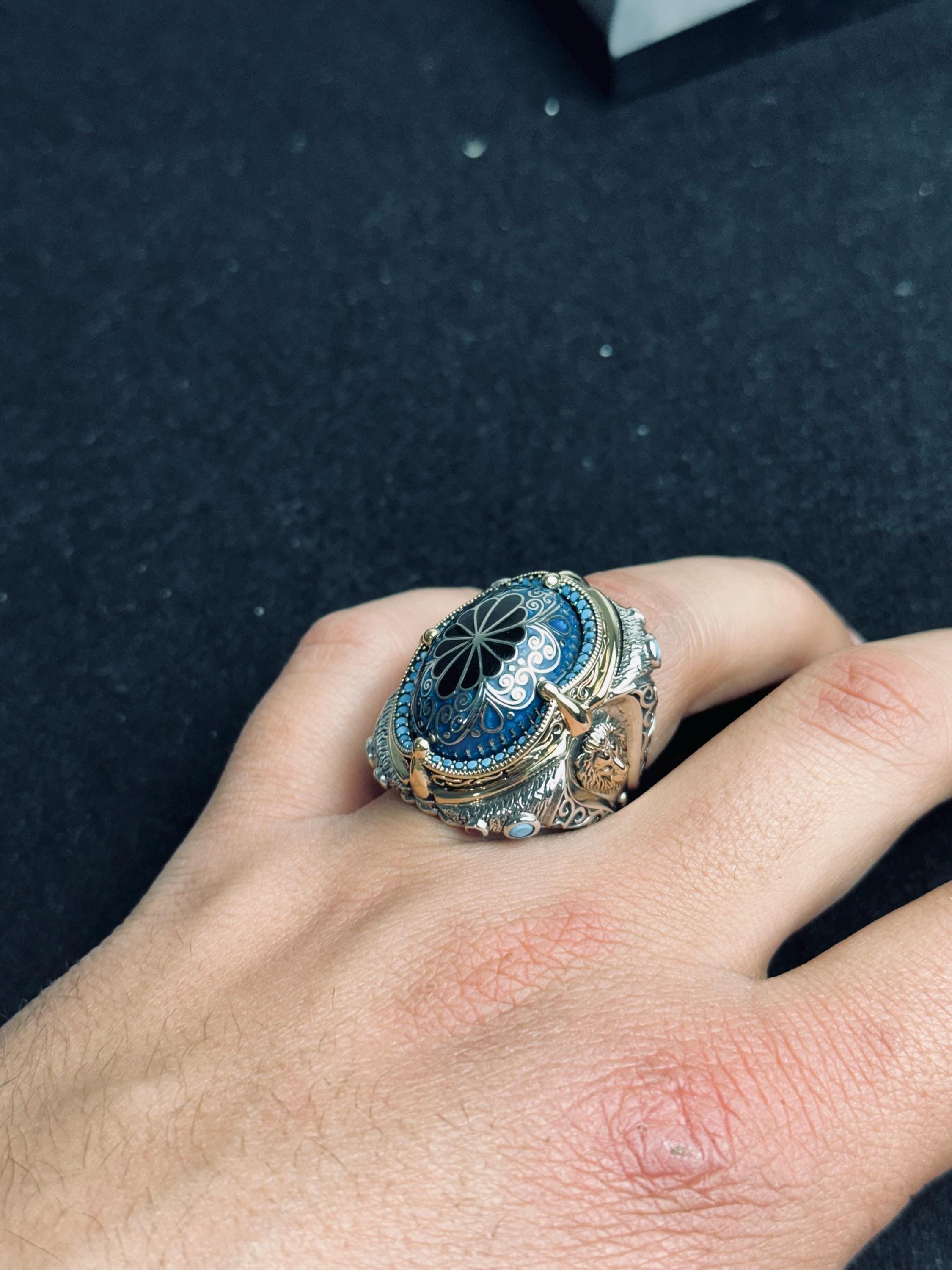 Sterling Silver Blue Stone Slice Ring, Handmade Ottoman Men Ring, Textured Signet Ring, Bold Statement Jewelry, Ramadan Gift