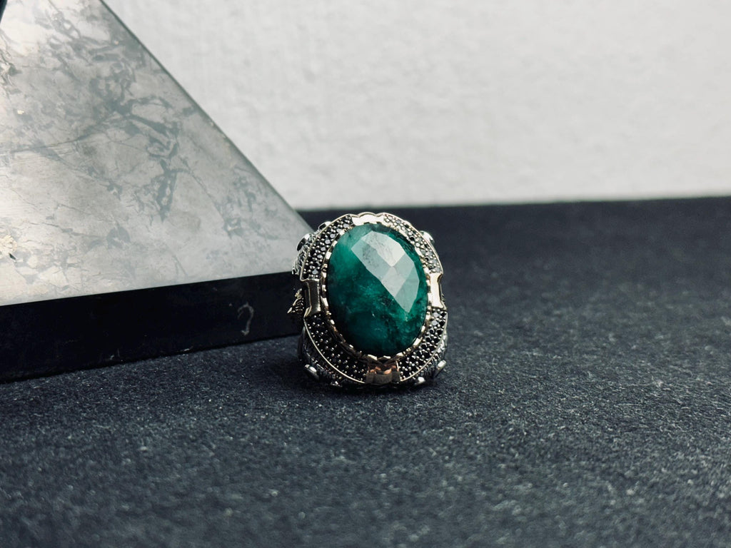 Huge Emerald Stone Ring - Sterling Silver Lion Head Design