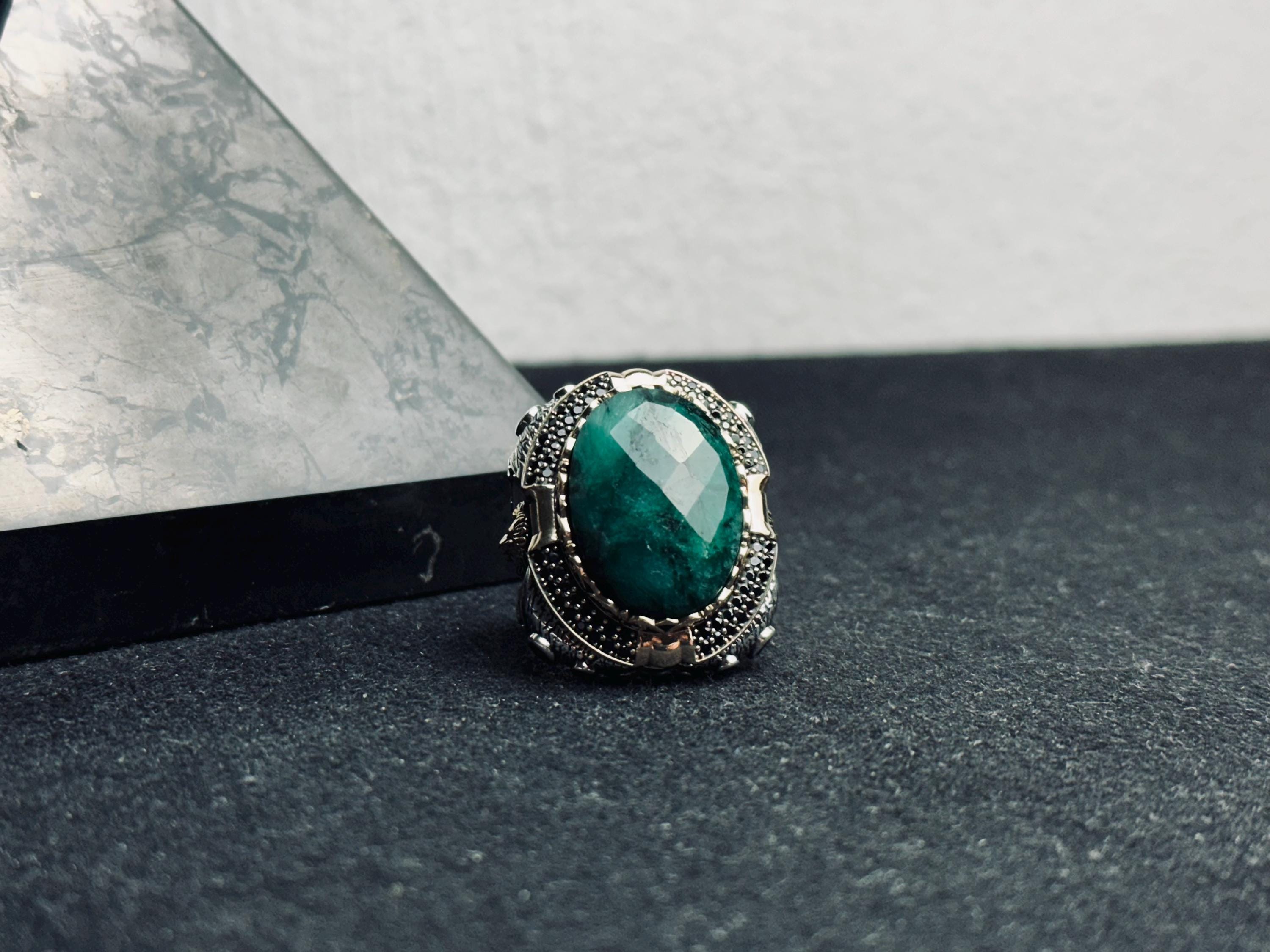 Huge Emerald Stone Ring - Sterling Silver Lion Head Design