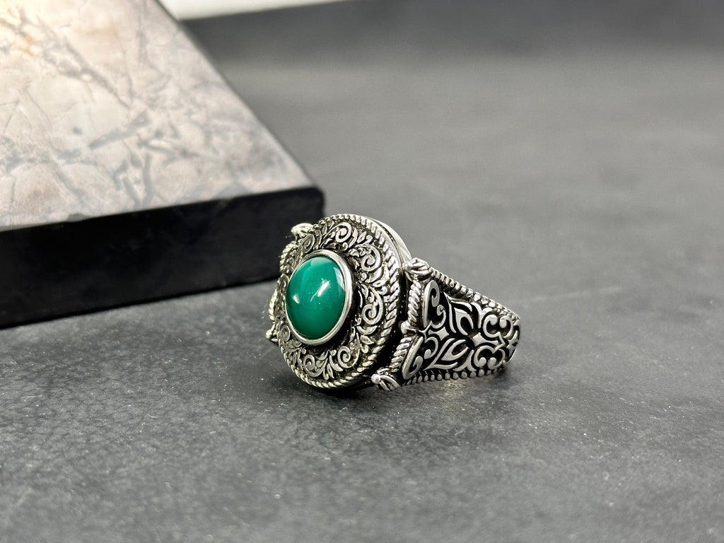 Men's Agate Ring: Cushion Green Stone - Handmade Sterling Silver