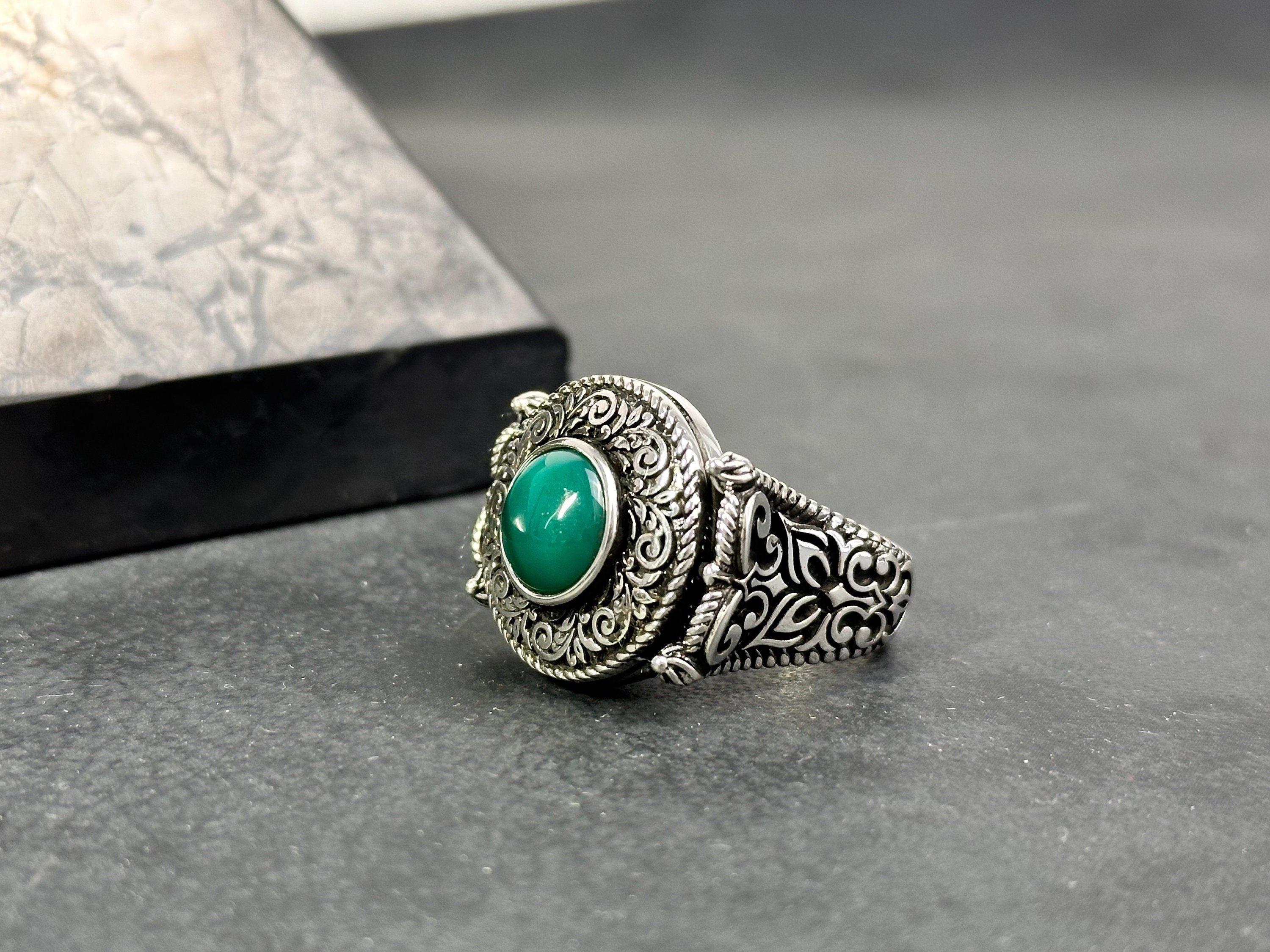 Men's Agate Ring: Cushion Green Stone - Handmade Sterling Silver