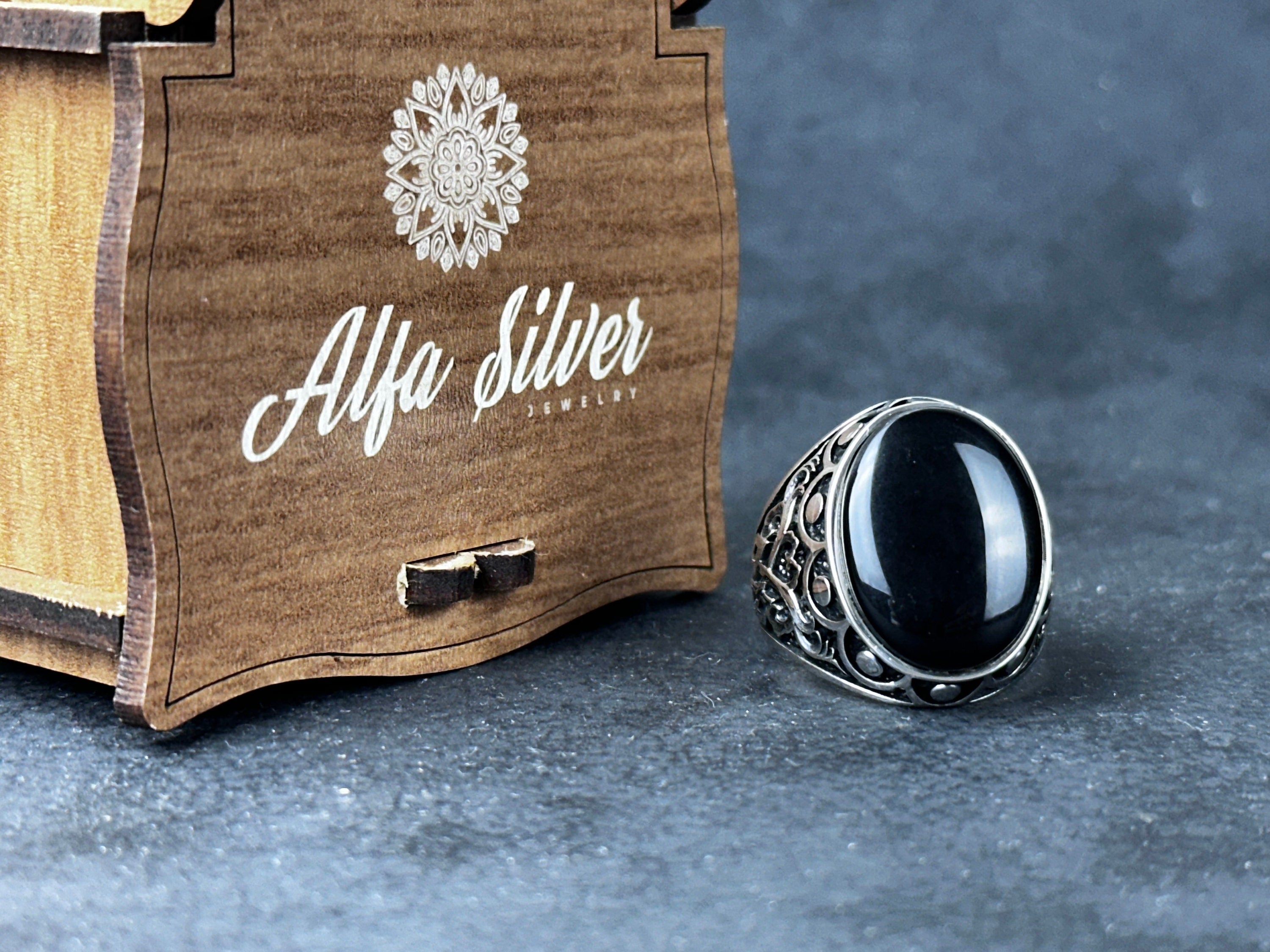 Sterling Silver Onyx Ring Handmade, Natural Cut Stone (Men's Size)