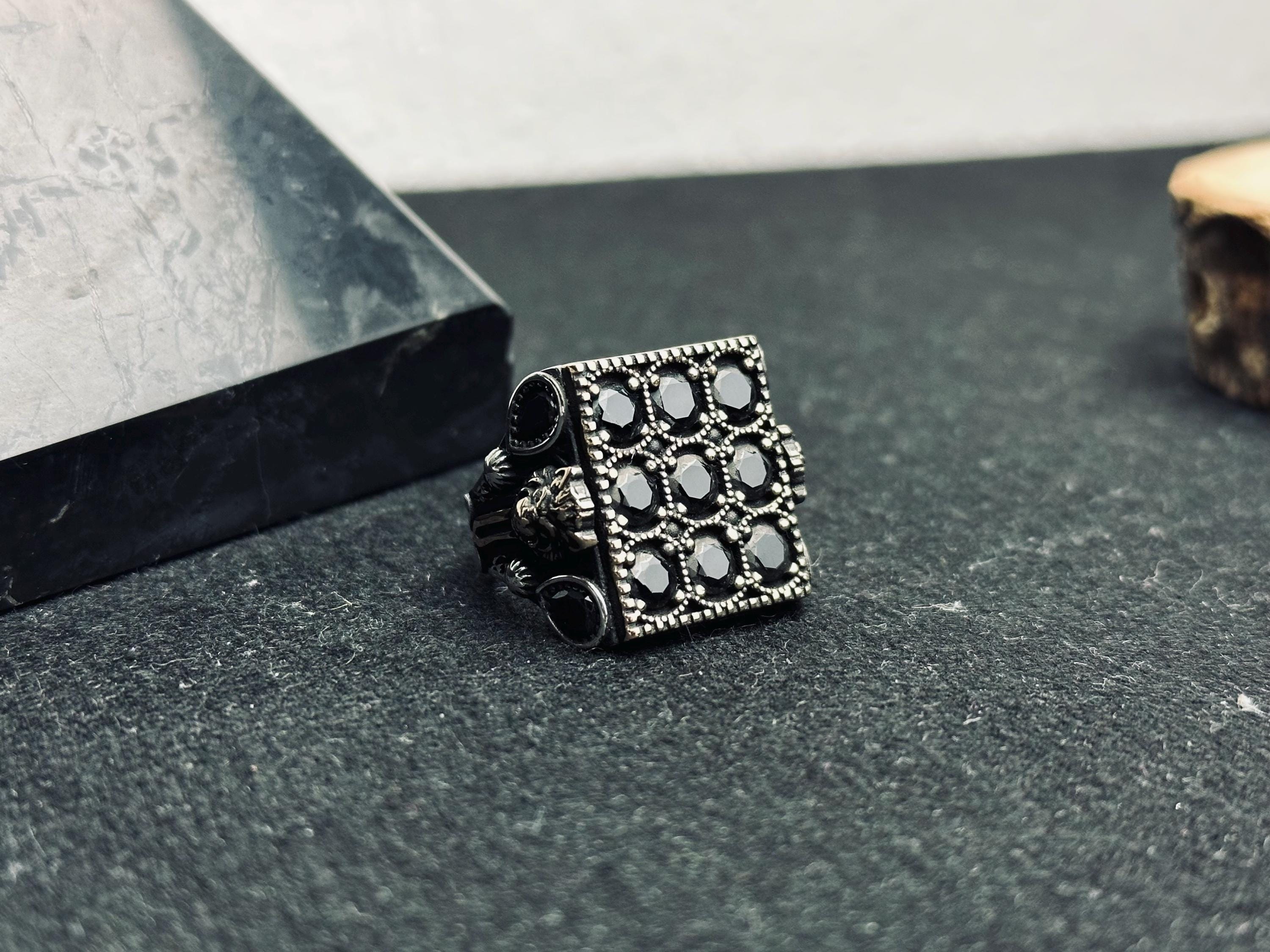 Men’s Silver Ring: Black Zircon Stones - Handmade Turkish Jewelry