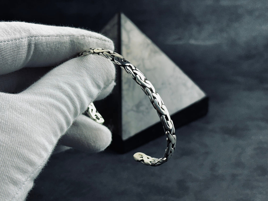 Sterling Silver Bangle: Knitted Design - Handmade Adjustable Cuff