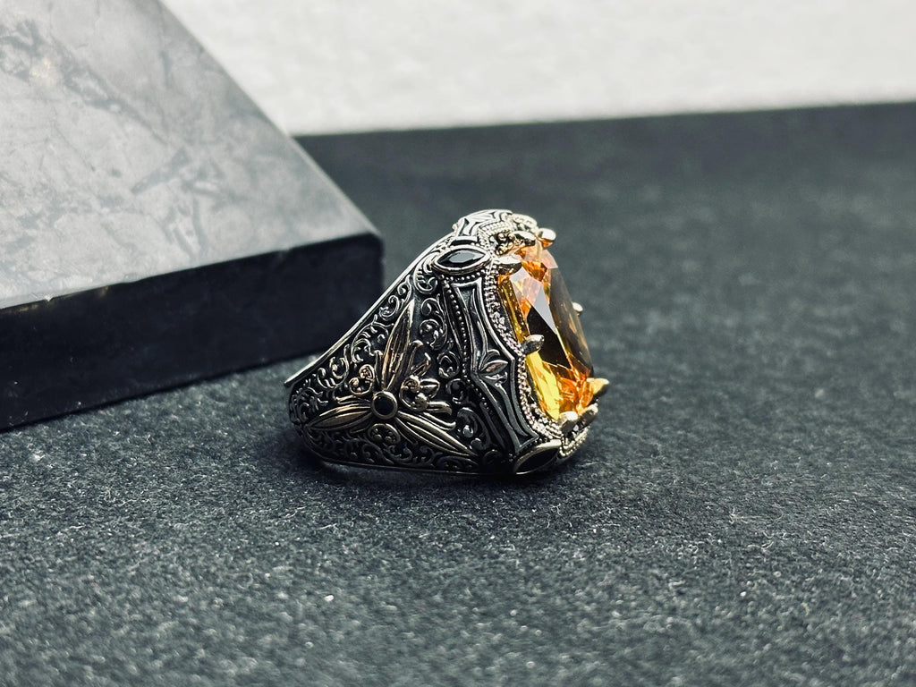 Men's Citrine Ring, Square Cut Stone, Sterling Silver (Handmade)