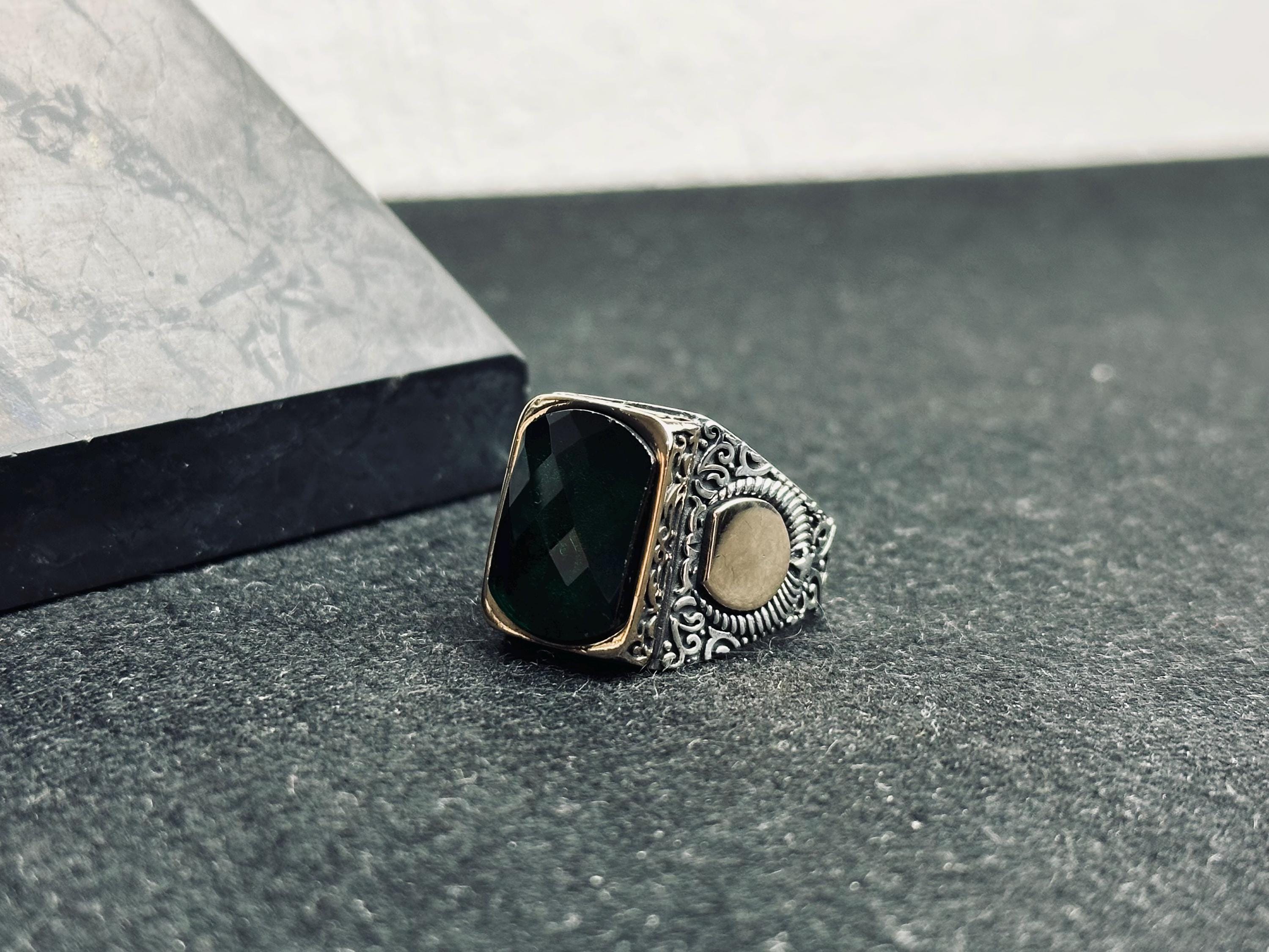 Men’s Emerald Ring: Square Stone, Crescent Star - Sterling Silver