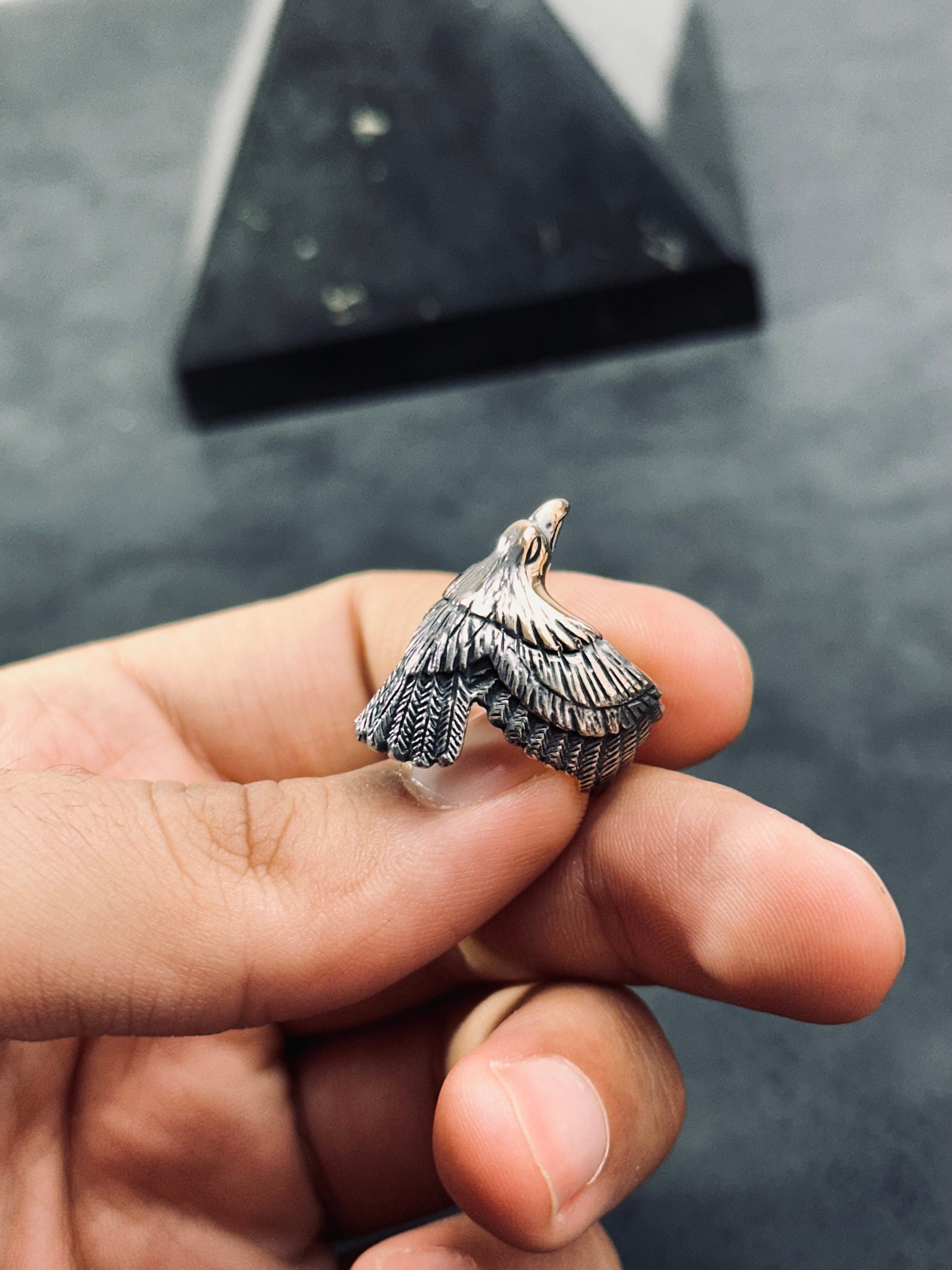 Eagle Silver Ring: Oxidized Sterling, Handmade Minimalist Style