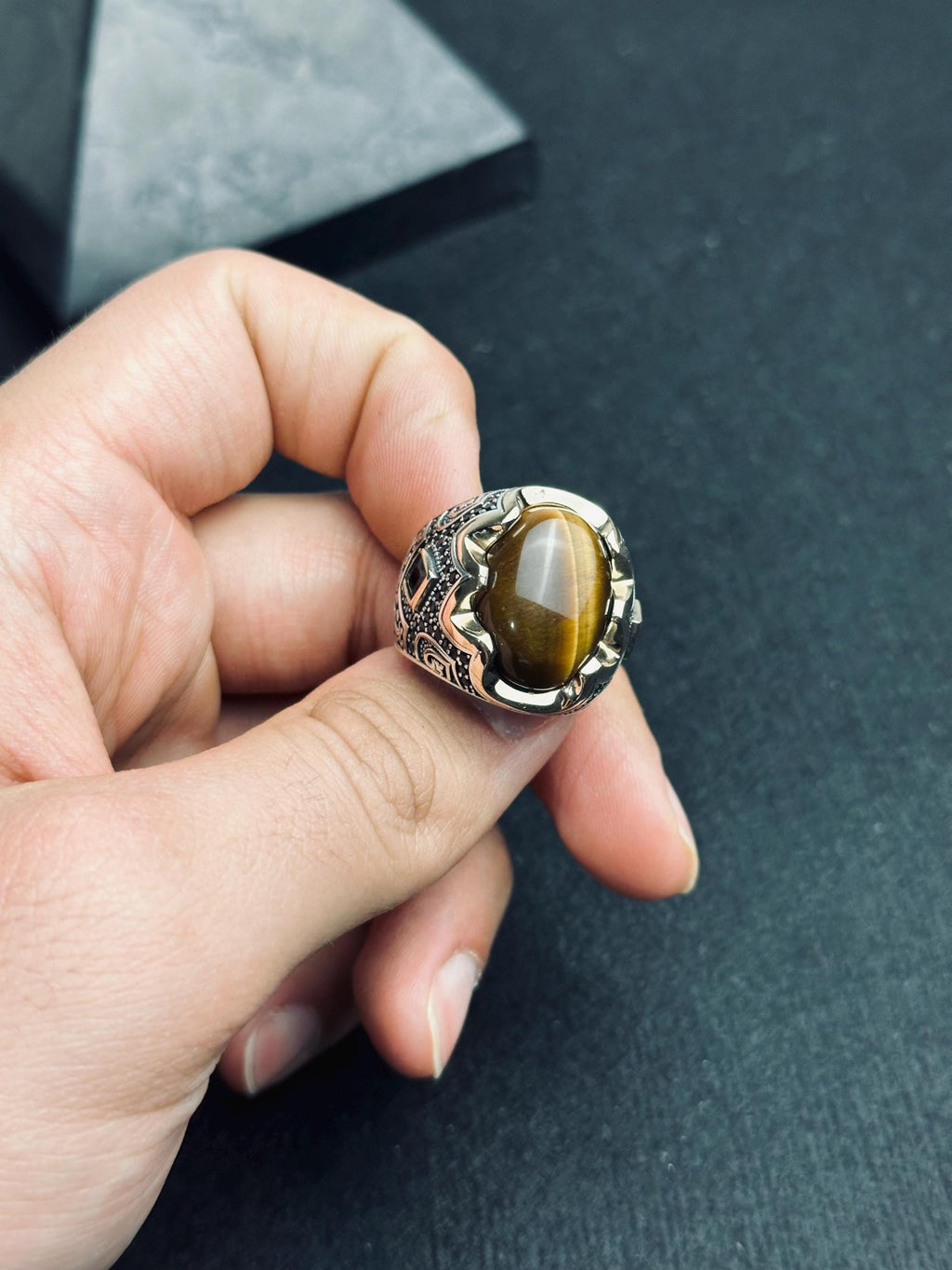 Men's Statement Ring: Tiger Eye Gemstone - Oxidized 925 Silver