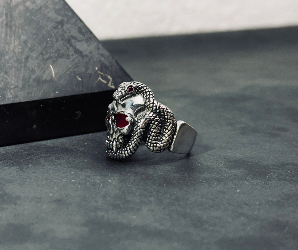 Sterling Silver Skull Snake Ring - Gothic Biker Style Jewelry