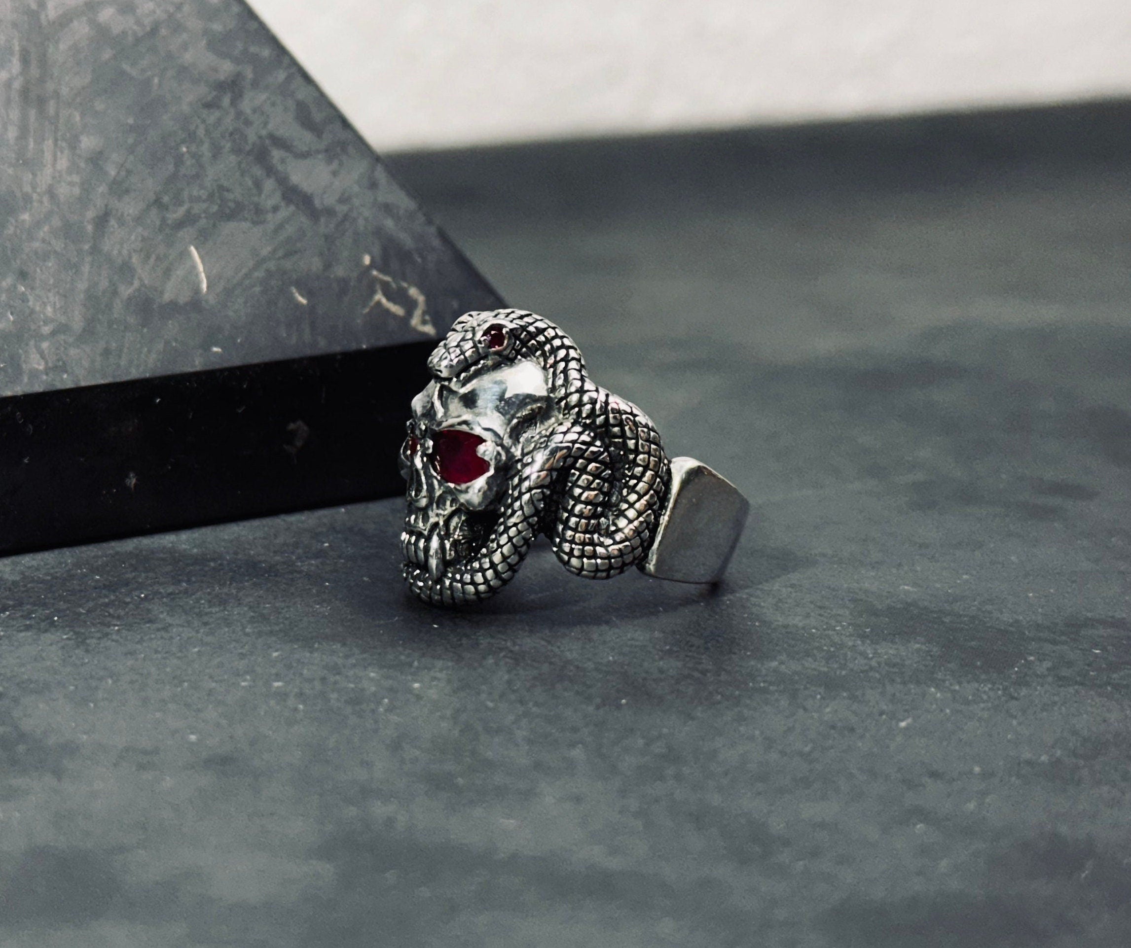 Sterling Silver Skull Snake Ring - Gothic Biker Style Jewelry