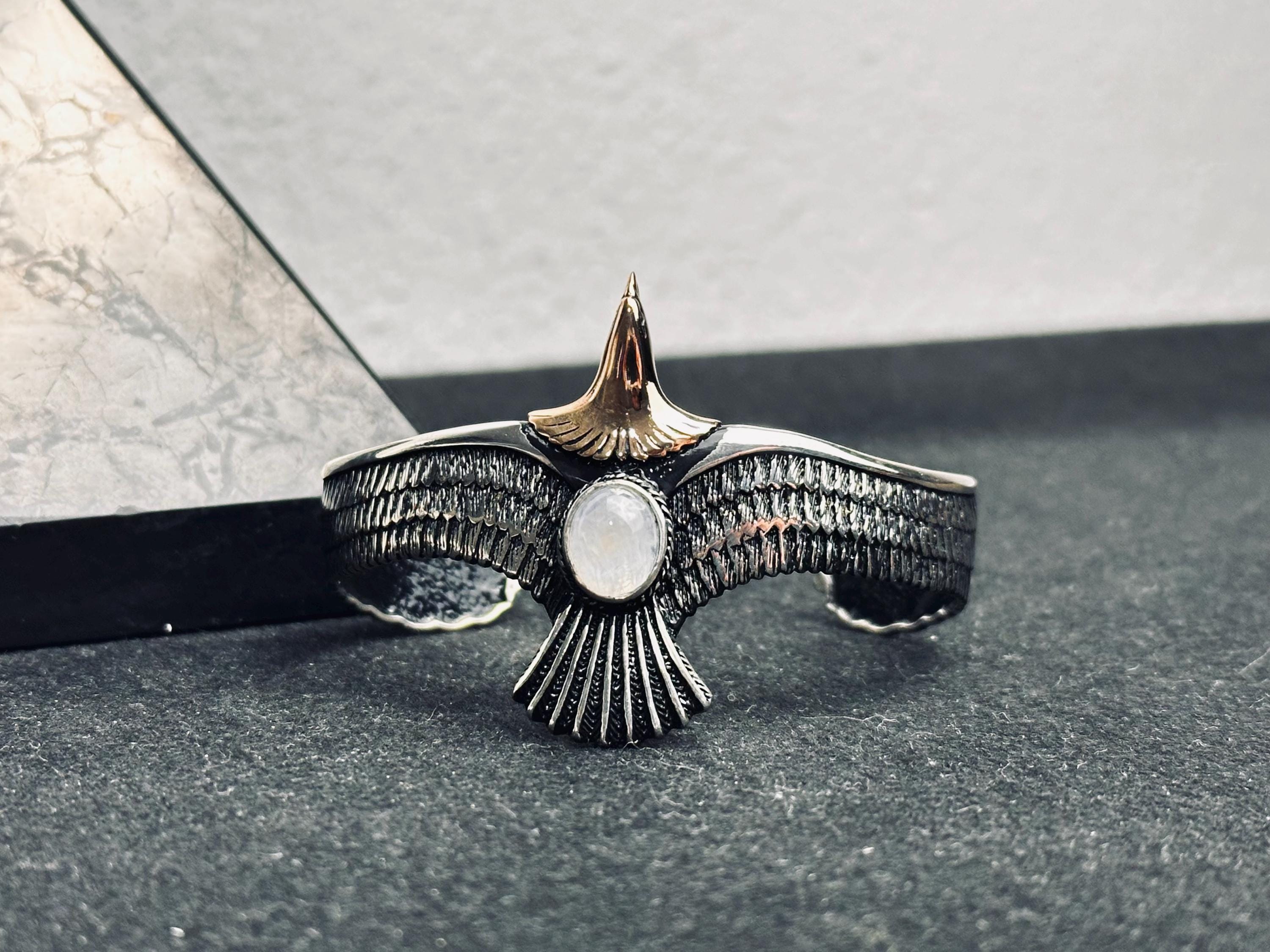 Eagle Moonstone Bracelet: Handmade Sterling Silver (Cuff Style)