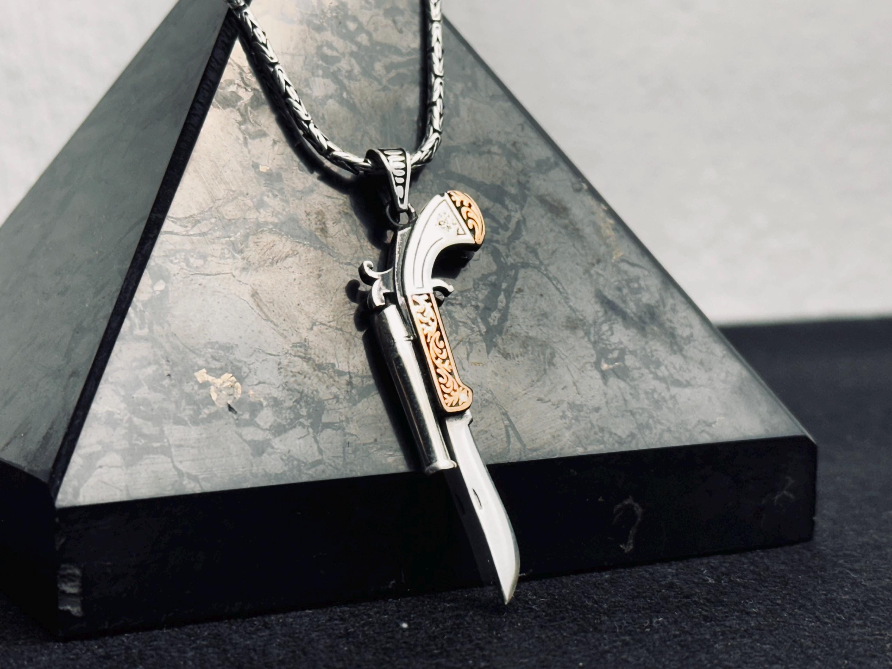 Sterling Silver Revolver Necklace - Cowboy Pistol with Folding Knife Charm