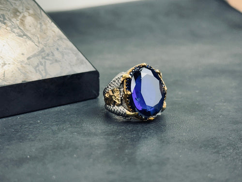 Blue Zircon Sterling Silver King Ring (Crown Design)