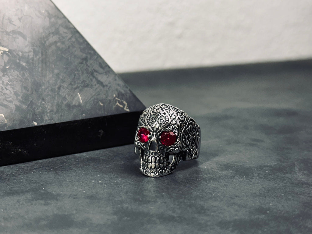 Engraved Skull Sterling Silver Ring - Biker Style with Cubic Zircon