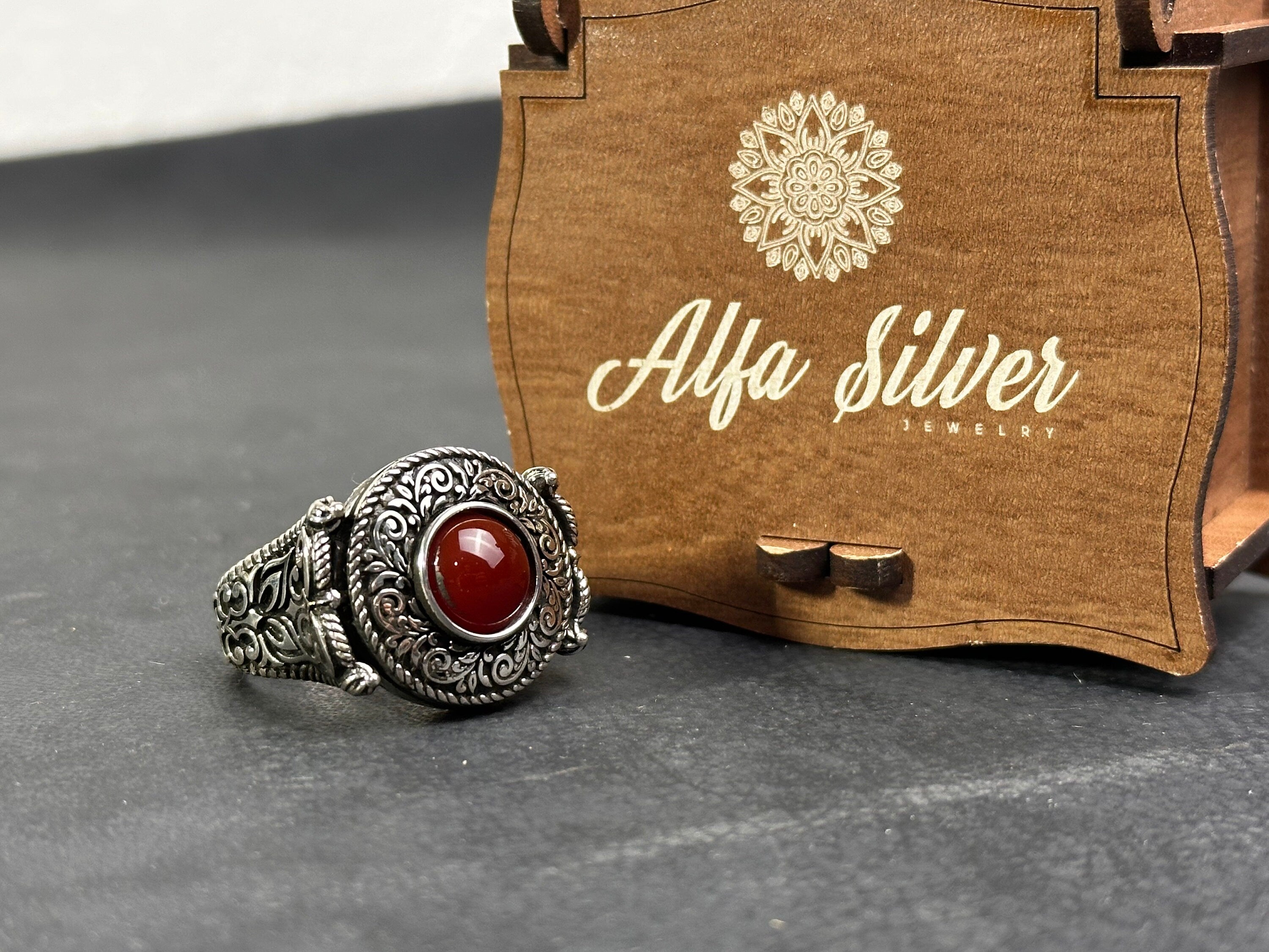 Engraved Sterling Silver Ring: Red Agate Gemstone (Men's Handmade)