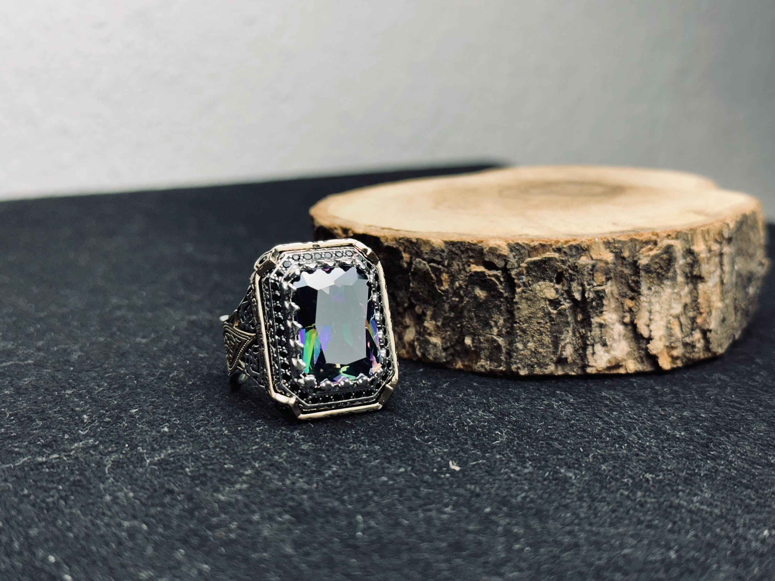 Square Mystic Topaz Ring: Color Changing Silver Statement Jewelry