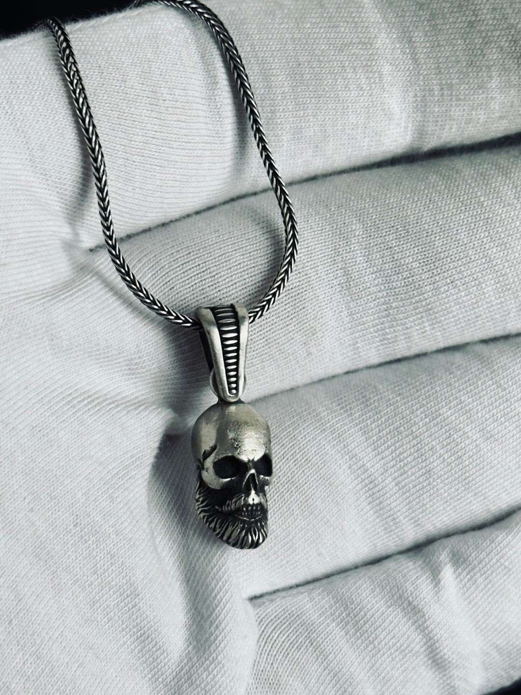 Pendant Necklace: Silver Skull with Beard - Men's Statement Jewelry