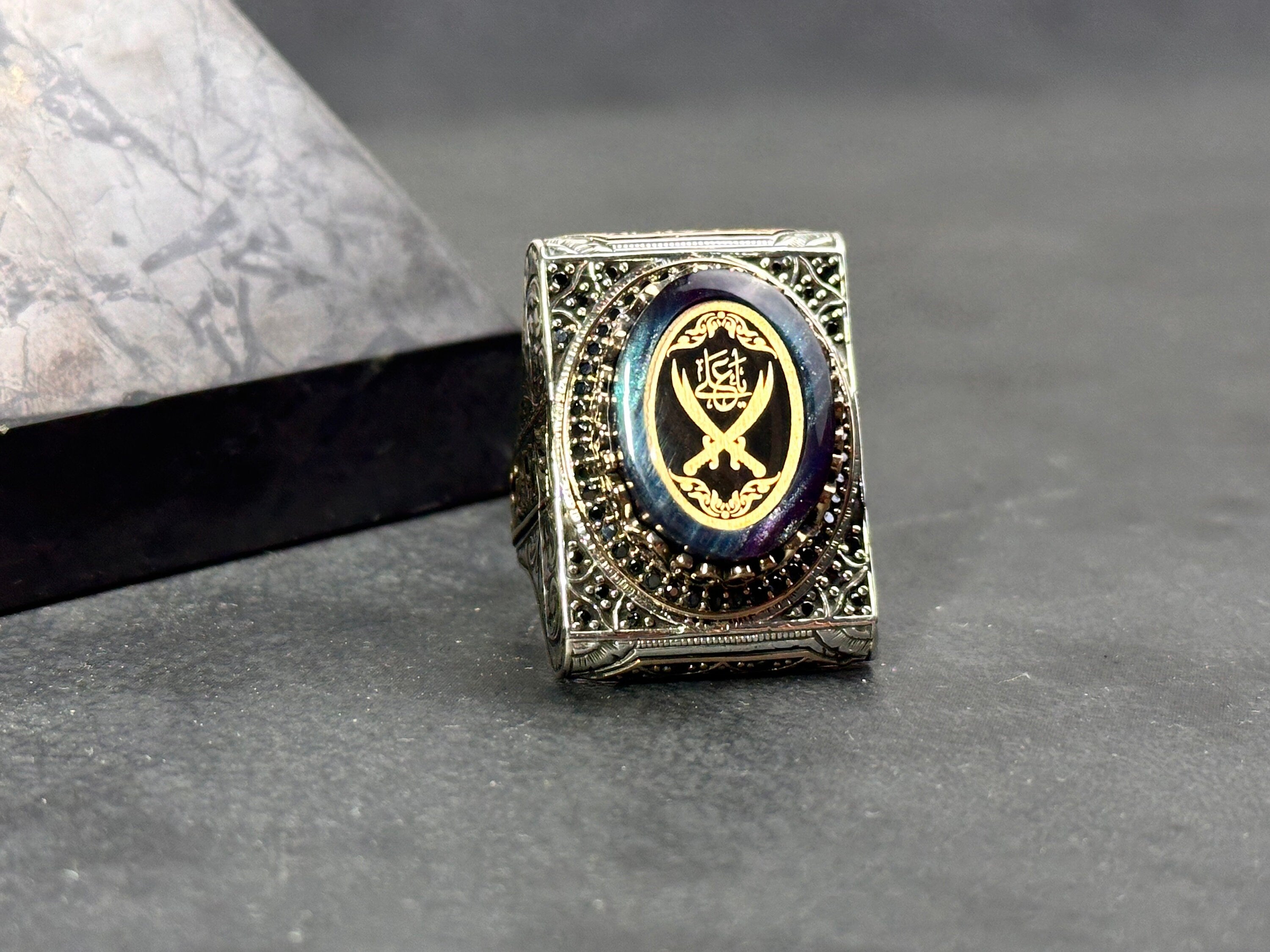 Zulfiqar Sword Amber Ring, Sterling Silver (Oversized Men's Signet)