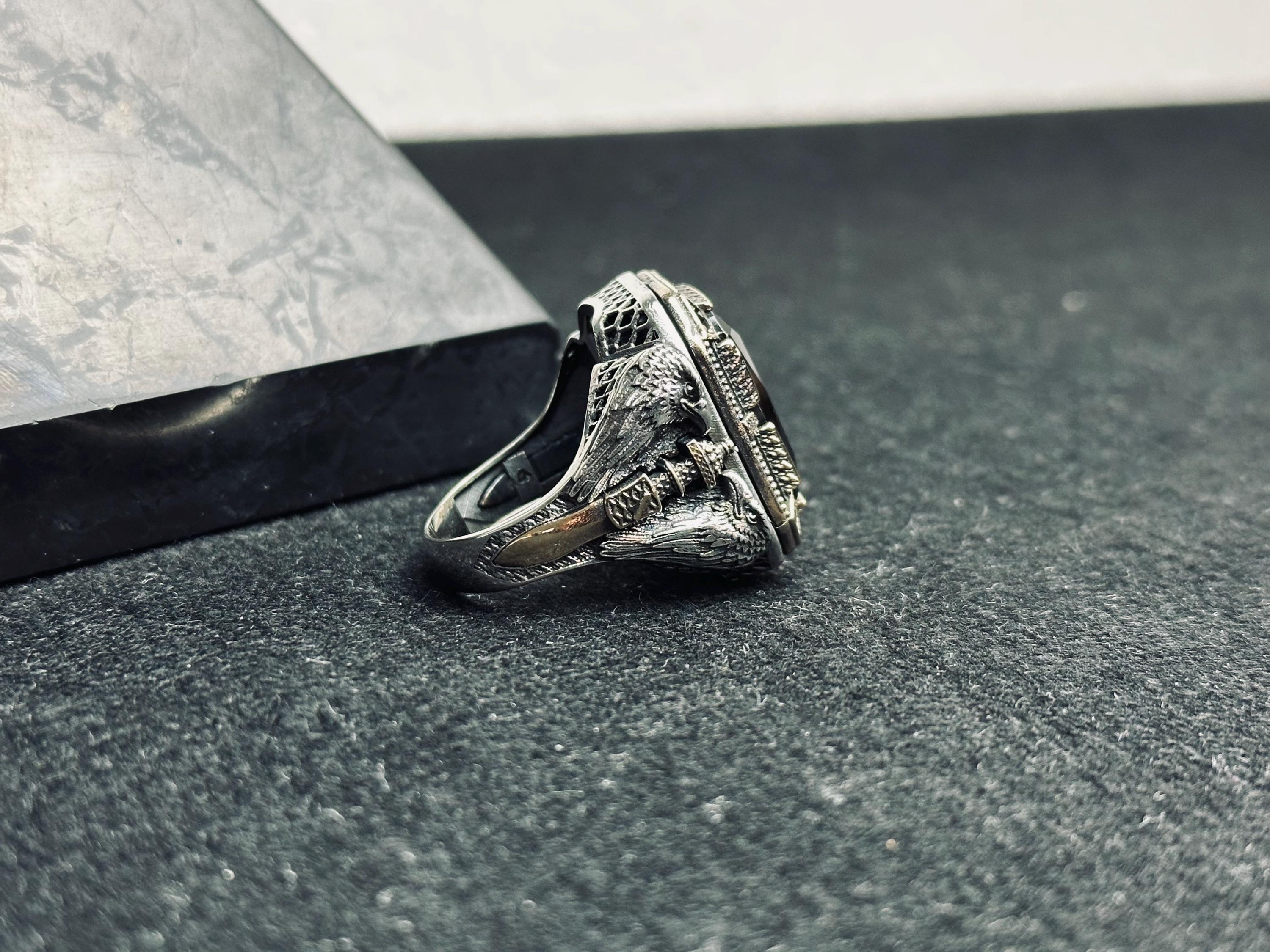 Men's Sterling Silver Ring: Black Zircon, Eagle Motif - Handmade