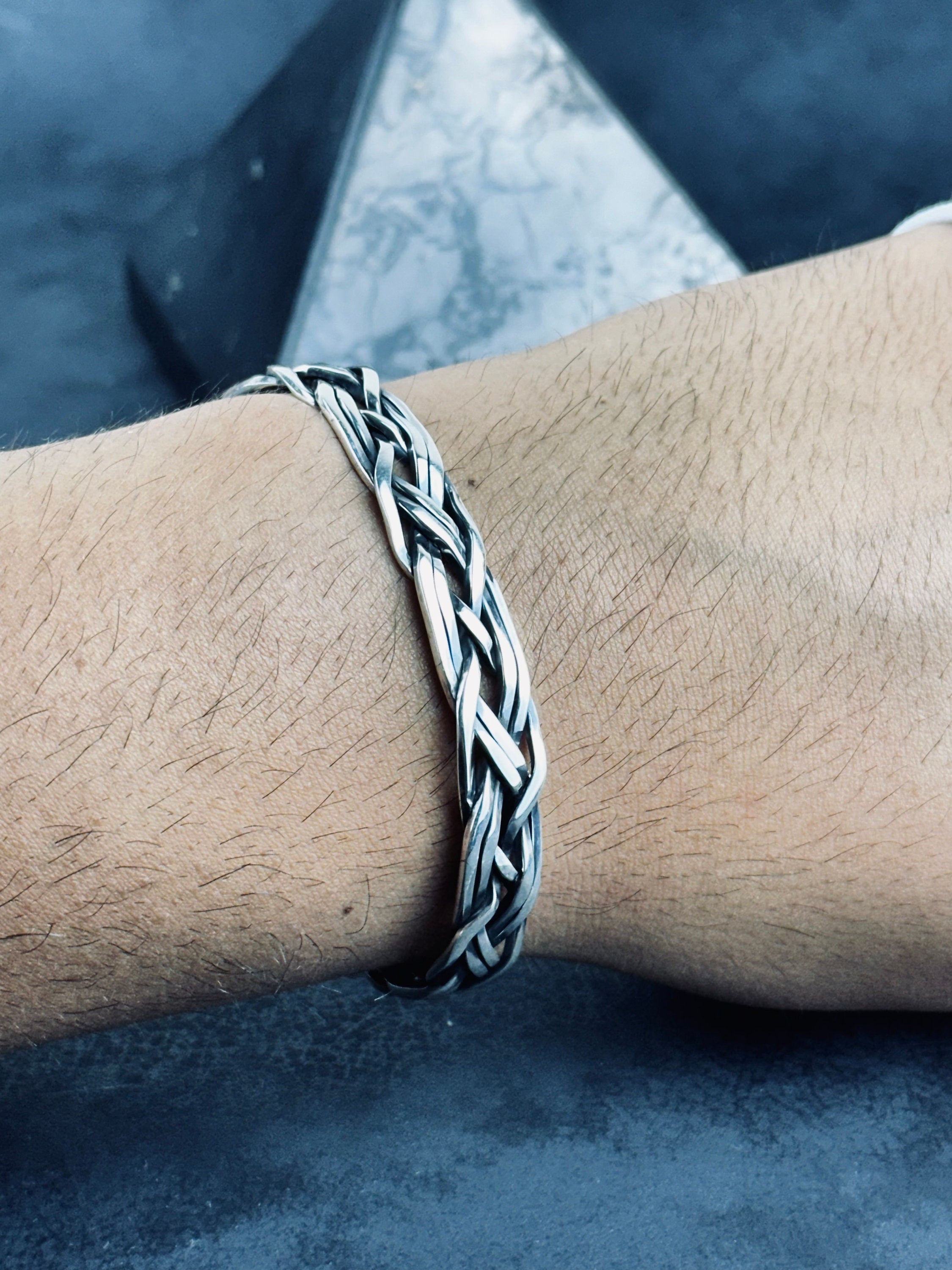 Warrior Style Silver Bracelet, Knitted Sterling (Handmade, Men's)