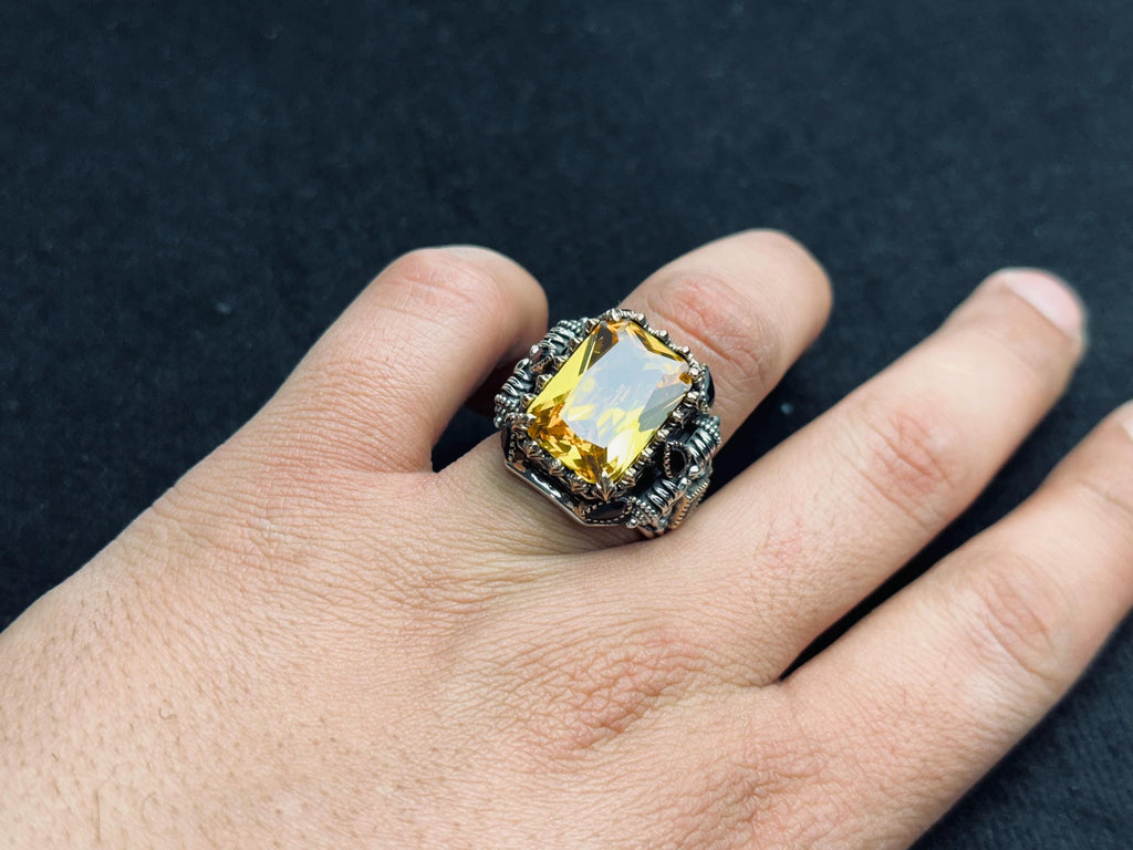 Sterling Silver Mens Citrine Ring: Turkish Handmade, Rectangular Stone