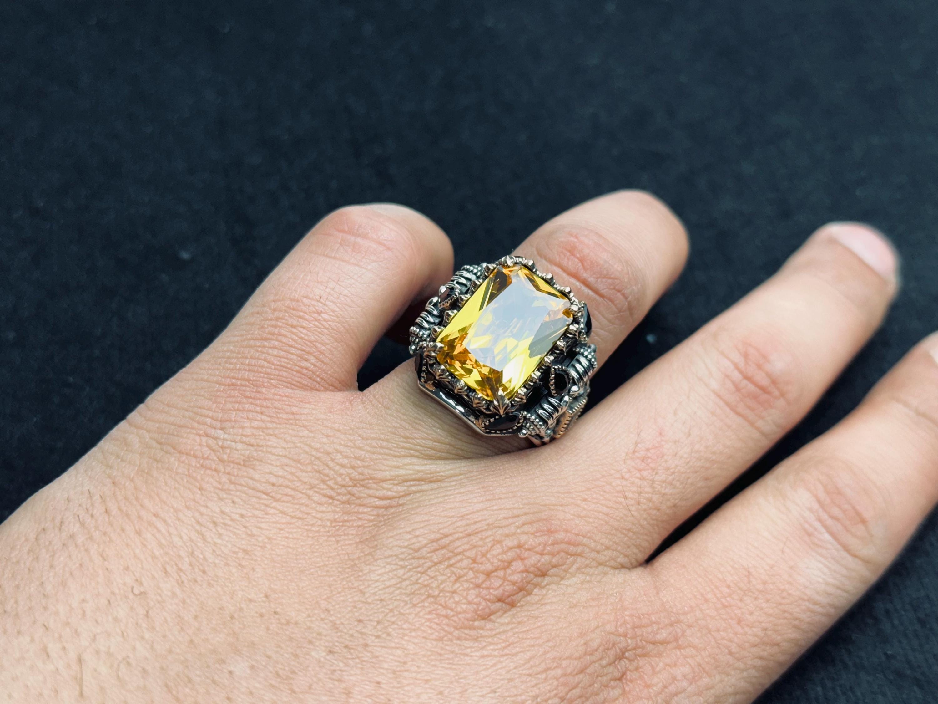 Sterling Silver Mens Citrine Ring: Turkish Handmade, Rectangular Stone