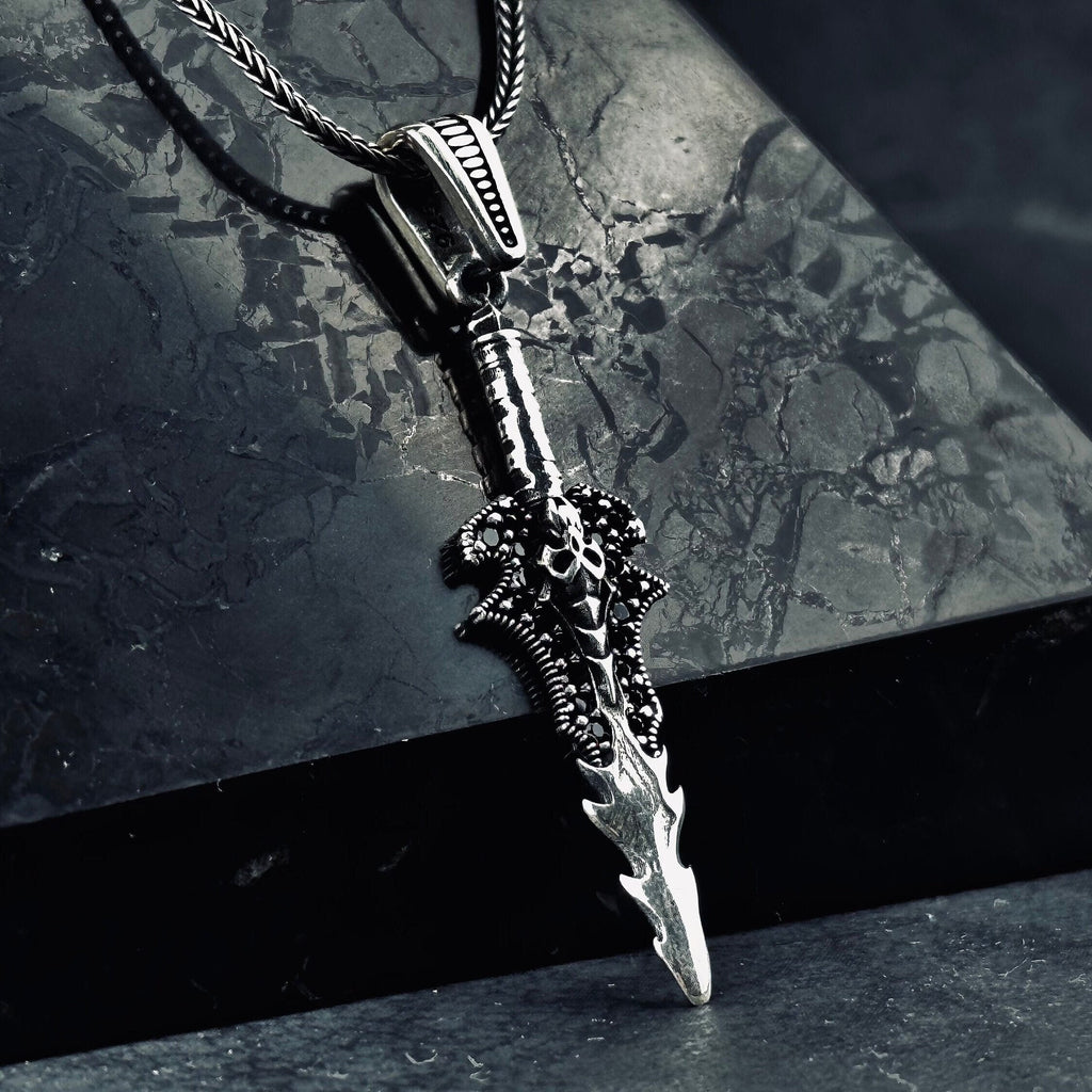 Silver Skull Sword Necklace - Mystic Gothic Gemstone Pendant